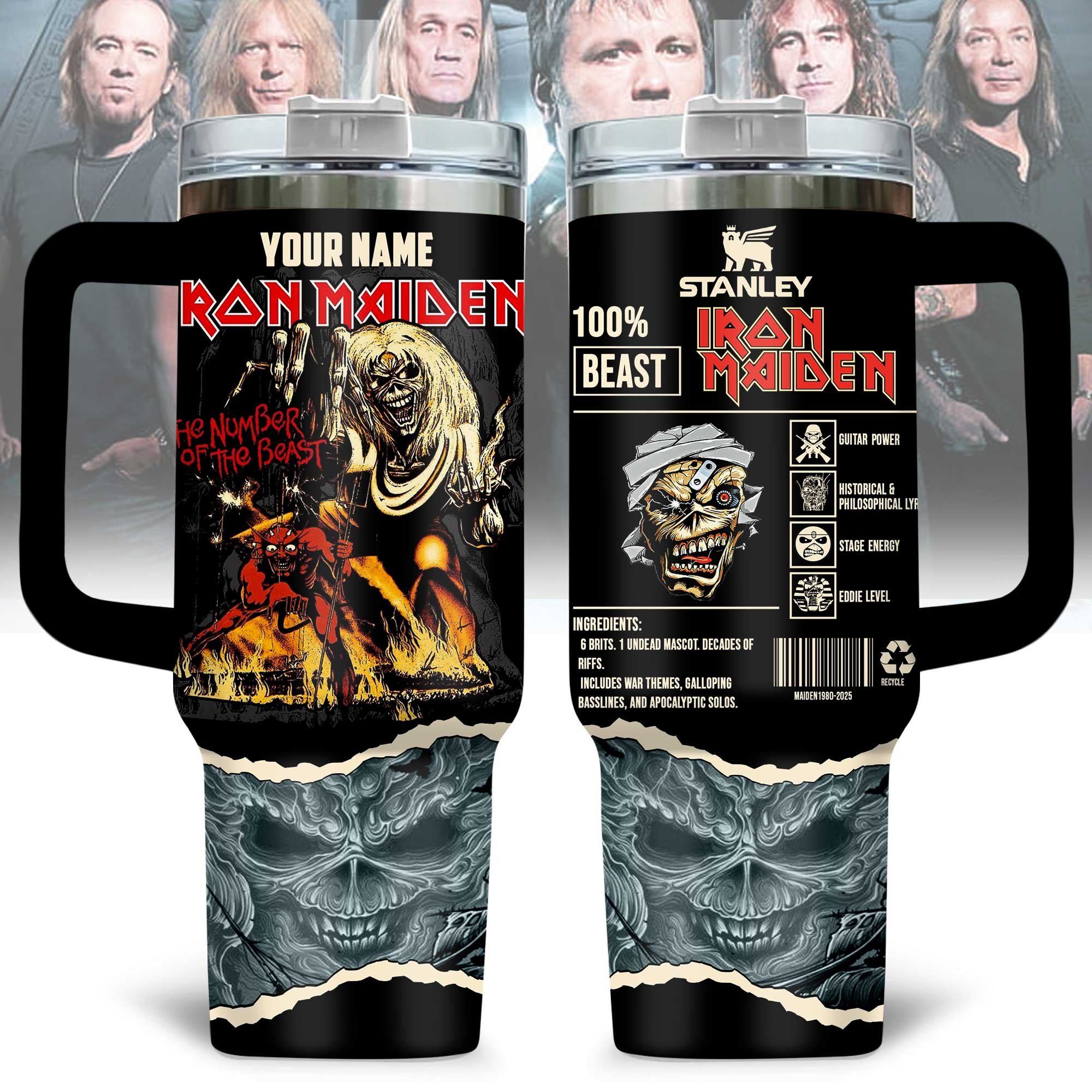 Hydratemerch Iron Maiden Music Custom Stanley Quencher 40oz Stainless Steel Tumbler With Handle