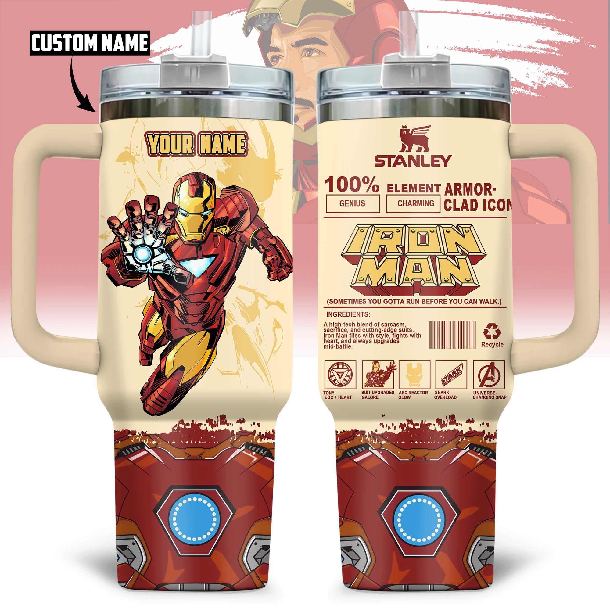 Hydratemerch Iron Man Movies Custom Stanley Quencher 40oz Stainless Steel Tumbler With Handle