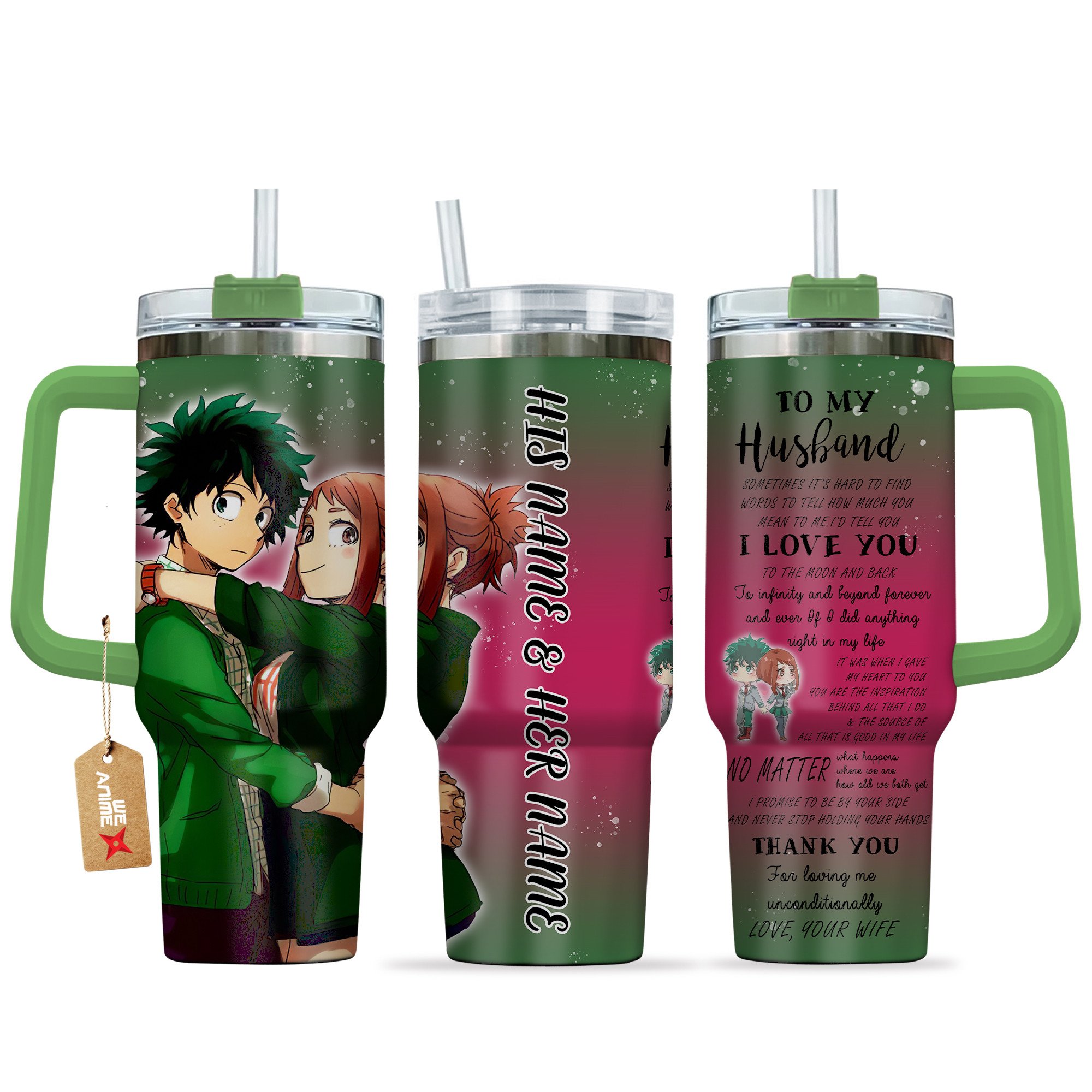Hydratemerch Izuku & Ochako My Hero Academia Anime Valentine Custom Stanley Quencher 40oz Stainless Steel Tumbler With Handle