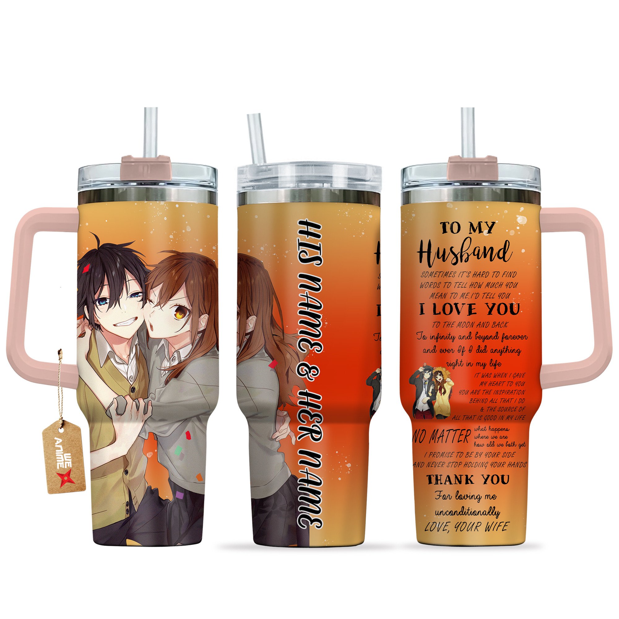 Hydratemerch Izumi Miyamura & Kyouko Hori Horimiya Anime Valentine Custom Stanley Quencher 40oz Stainless Steel Tumbler With Handle