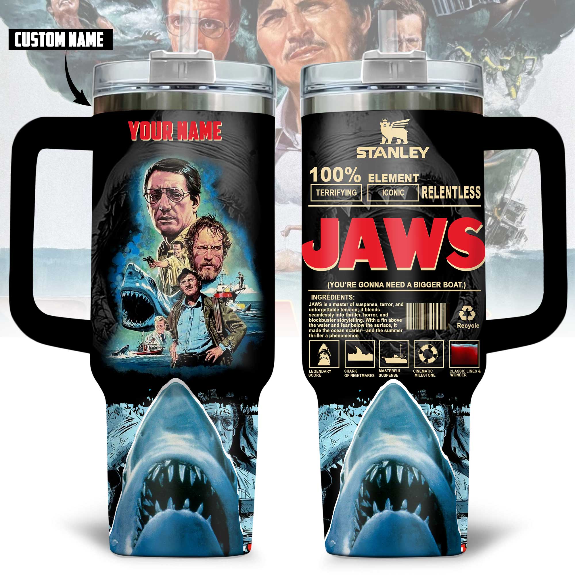 Hydratemerch Jaws Movies Custom Stanley Quencher 40oz Stainless Steel Tumbler With Handle