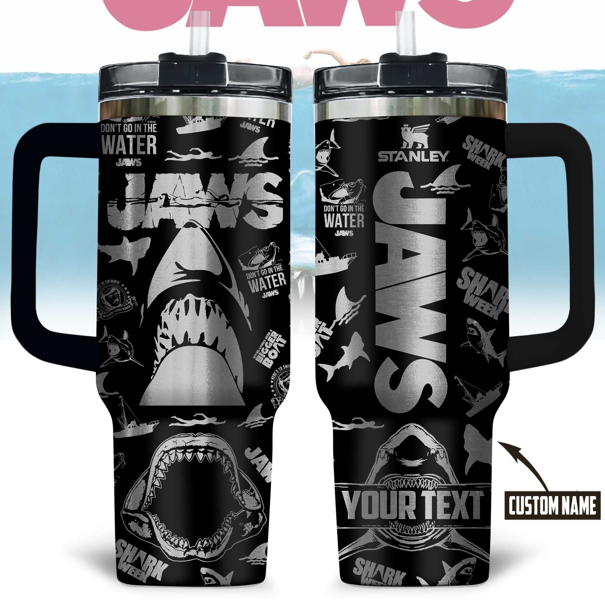 Hydratemerch Jaws Movies Custom Stanley Quencher 40oz Stainless Steel Tumbler With Handle