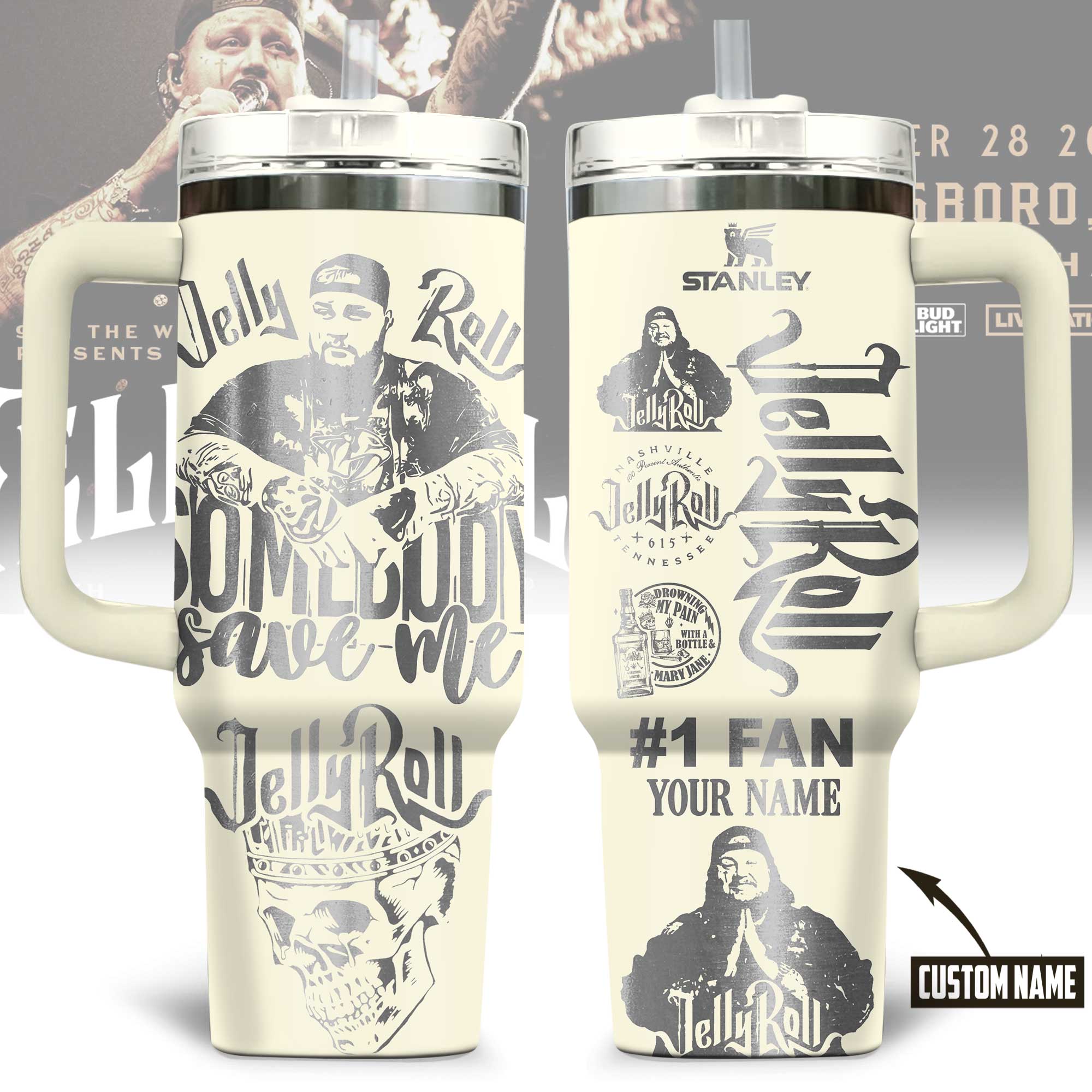 Hydratemerch Jelly Roll Music Custom Stanley Quencher 40oz Stainless Steel Tumbler With Handle