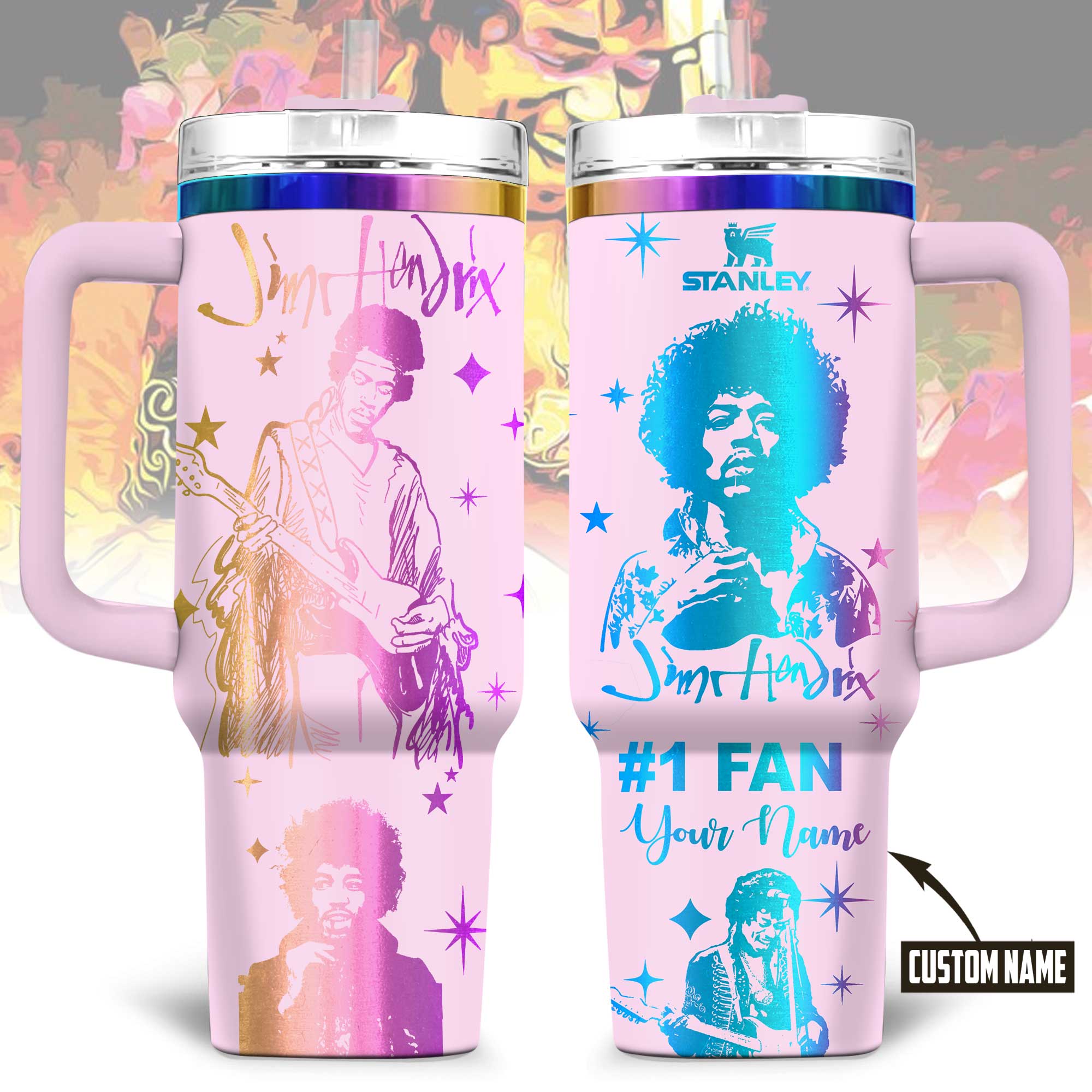Hydratemerch Jimi Hendrix Music Custom Stanley Quencher 40oz Stainless Steel Tumbler With Handle