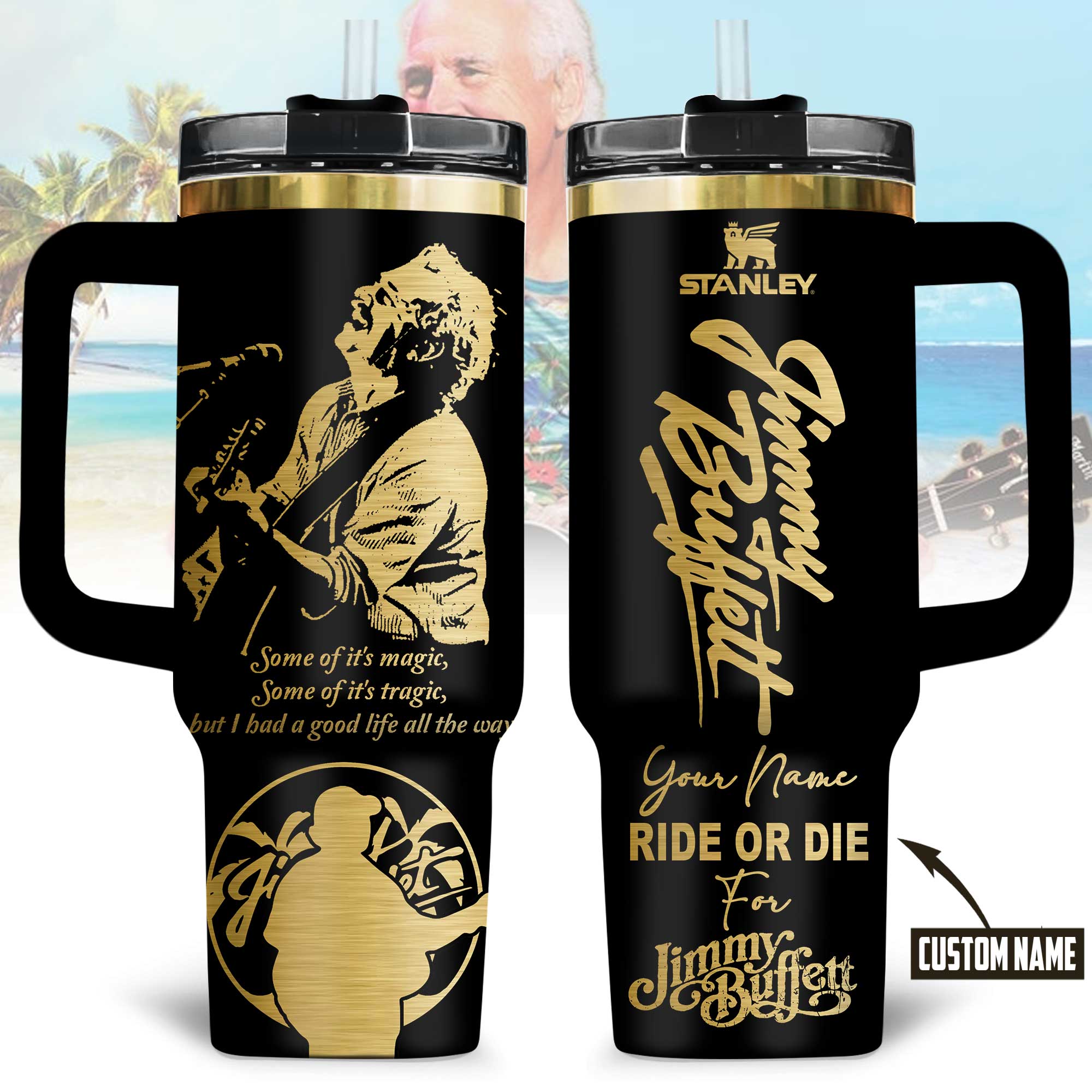 Hydratemerch Jimmy Buffett Music Custom Stanley Quencher 40oz Stainless Steel Tumbler With Handle