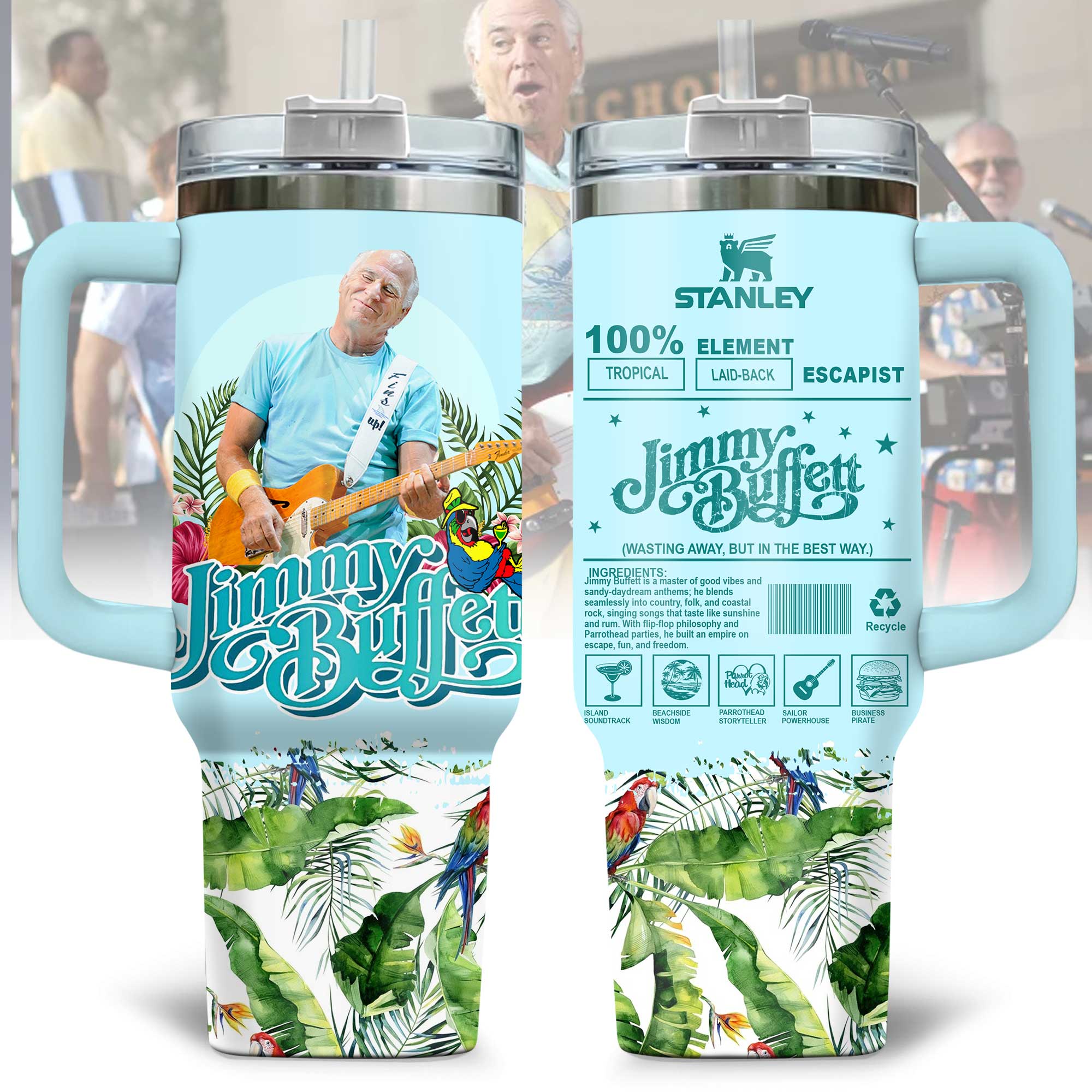 Hydratemerch Jimmy Buffett Music Custom Stanley Quencher 40oz Stainless Steel Tumbler With Handle