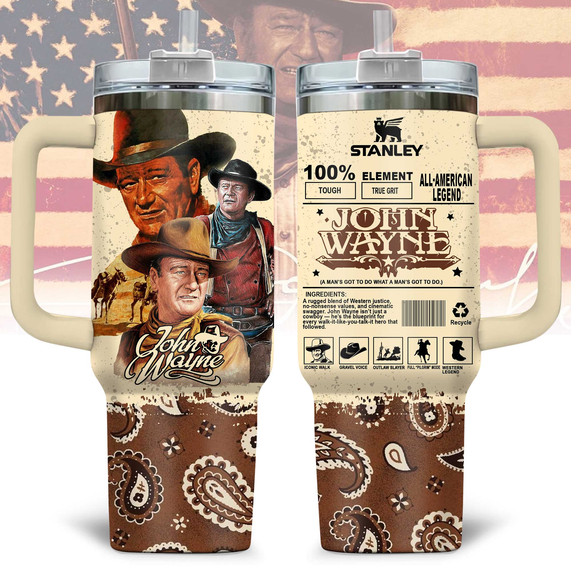 Hydratemerch John Wayne Actor Custom Stanley Quencher 40oz Stainless Steel Tumbler With Handle