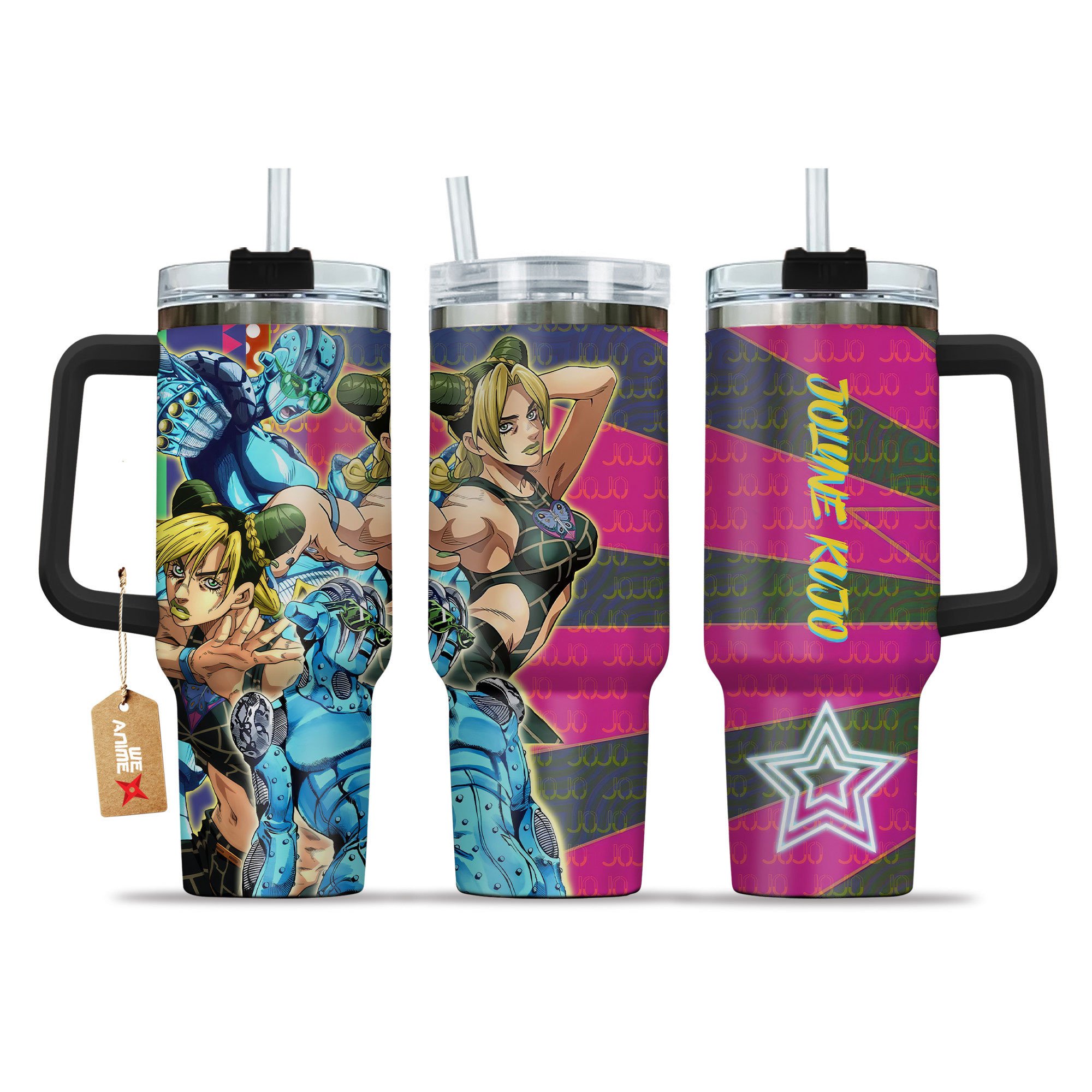 Hydratemerch Jolyne Kujo JoJo's Bizarre Anime Custom Stanley Quencher 40oz Stainless Steel Tumbler With Handle
