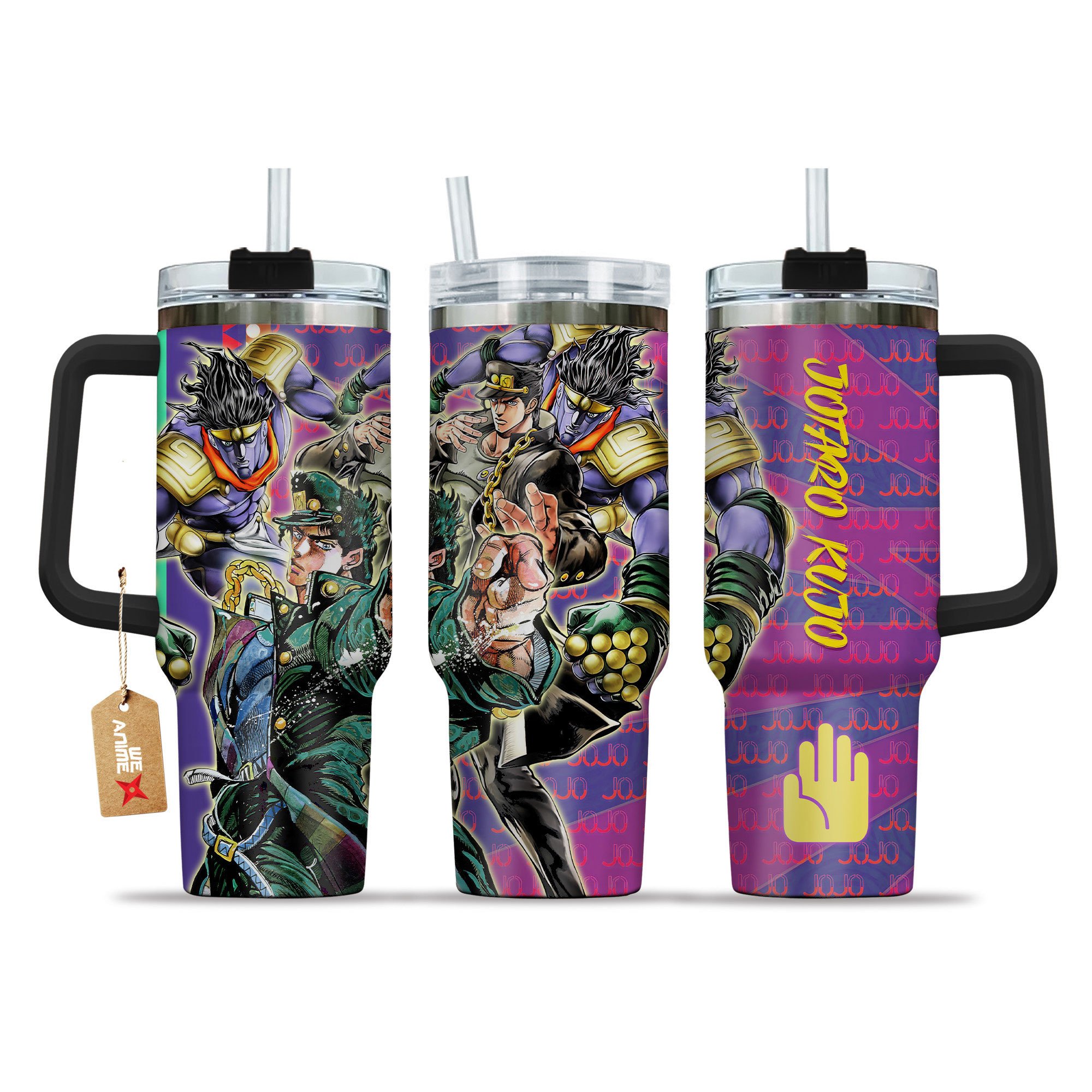 Hydratemerch Jotaro Kujo JoJo's Bizarre Anime Custom Stanley Quencher 40oz Stainless Steel Tumbler With Handle