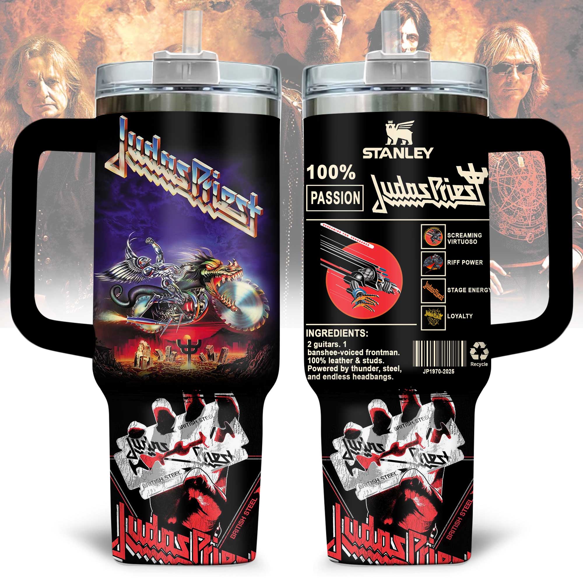 Hydratemerch Judas Priest Music Custom Stanley Quencher 40oz Stainless Steel Tumbler With Handle