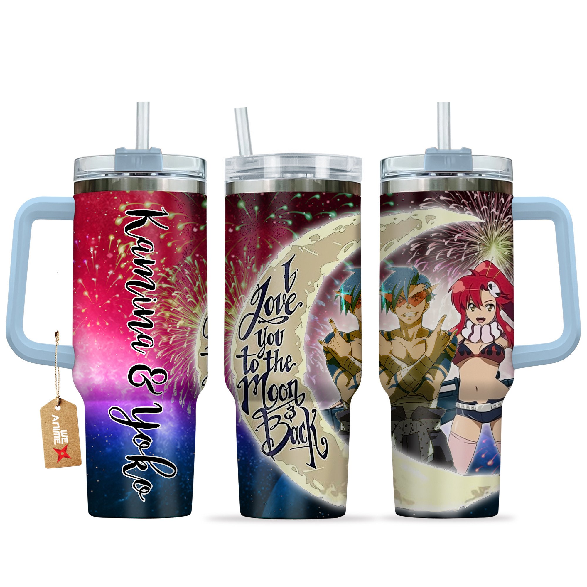 Hydratemerch Kamina & Yoko Littner Tengen Toppa Gurren Lagann Anime Valentine Custom Stanley Quencher 40oz Stainless Steel Tumbler With Handle