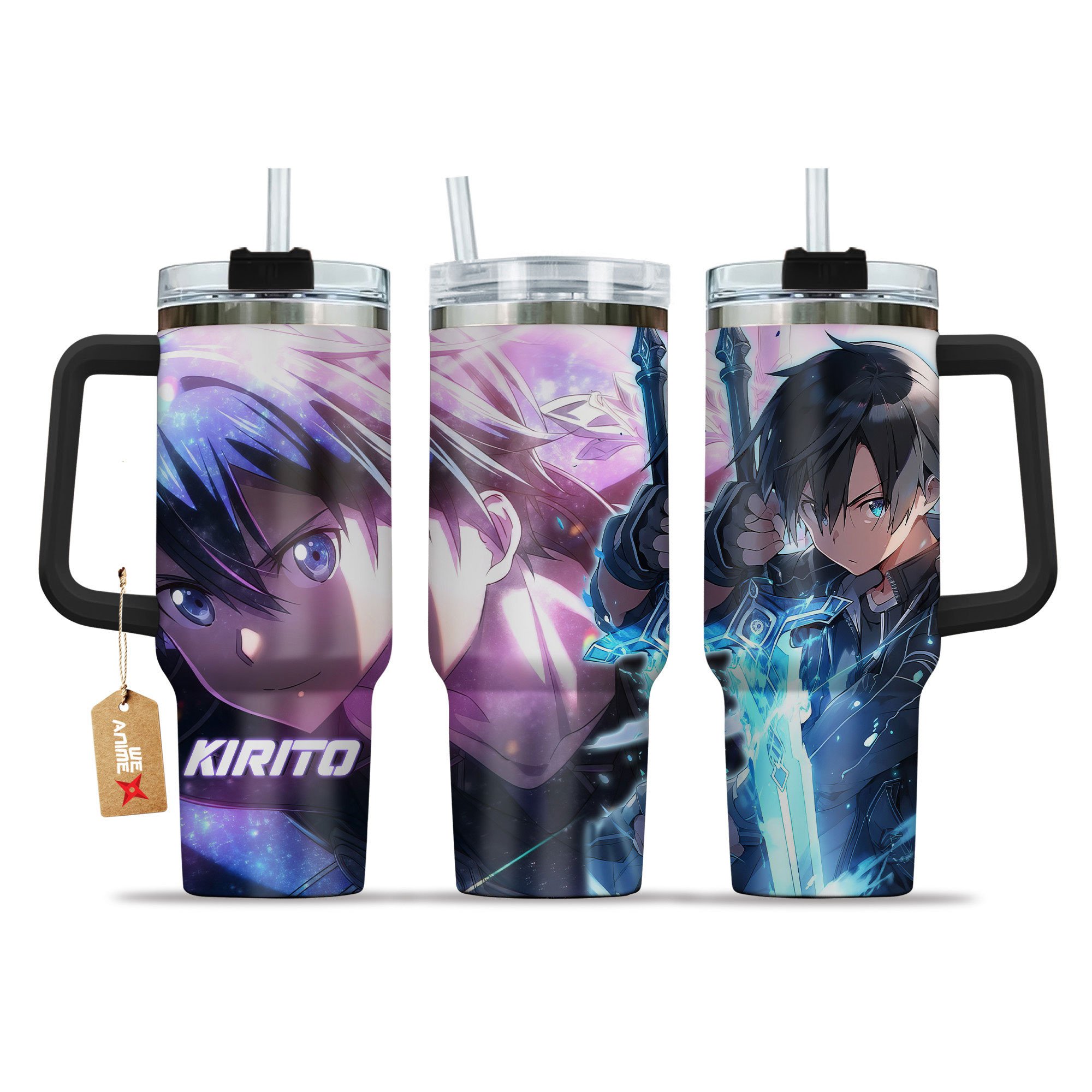 Hydratemerch Kazuto Kirigaya (Kirito) Sword Art Online Anime Custom Stanley Quencher 40oz Stainless Steel Tumbler With Handle