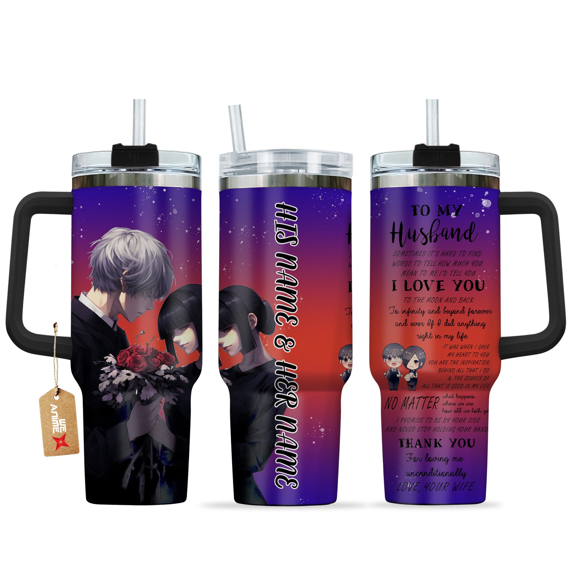 Hydratemerch Ken Kaneki & Touka Tokyo Ghoul Anime Valentine Custom Stanley Quencher 40oz Stainless Steel Tumbler With Handle