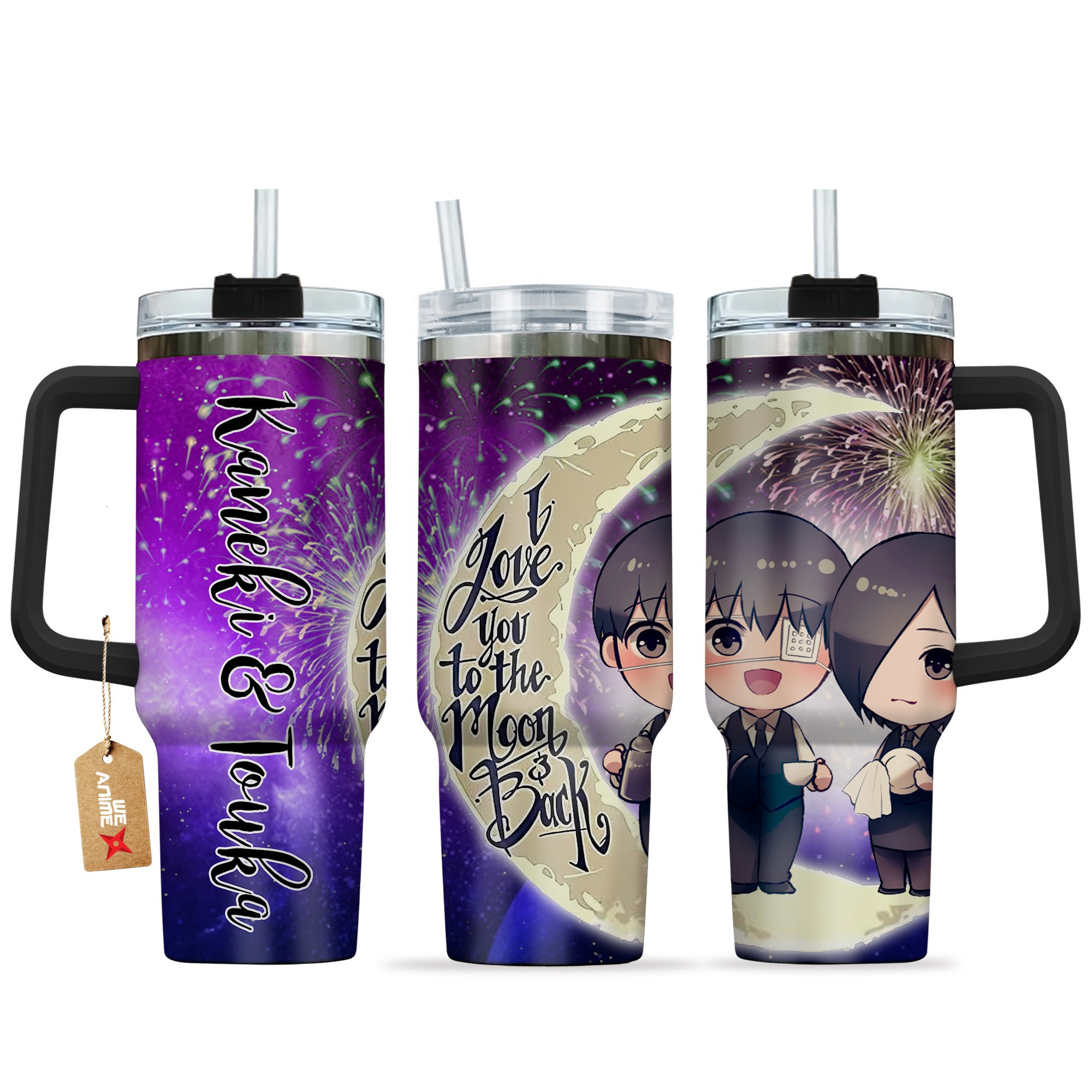 Hydratemerch Ken Kaneki & Touka Tokyo Ghoul Anime Valentine Custom Stanley Quencher 40oz Stainless Steel Tumbler With Handle