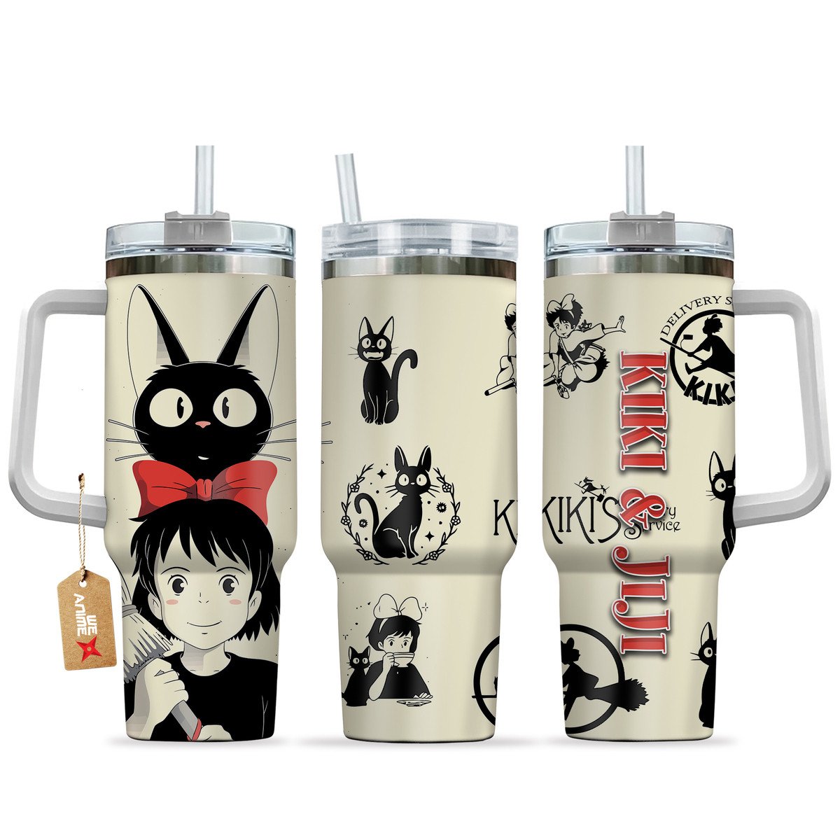 Hydratemerch Kiki and Jiji PersonalizedKiki's Delivery Service Anime Custom Stanley Quencher 40oz Stainless Steel Tumbler With Handle