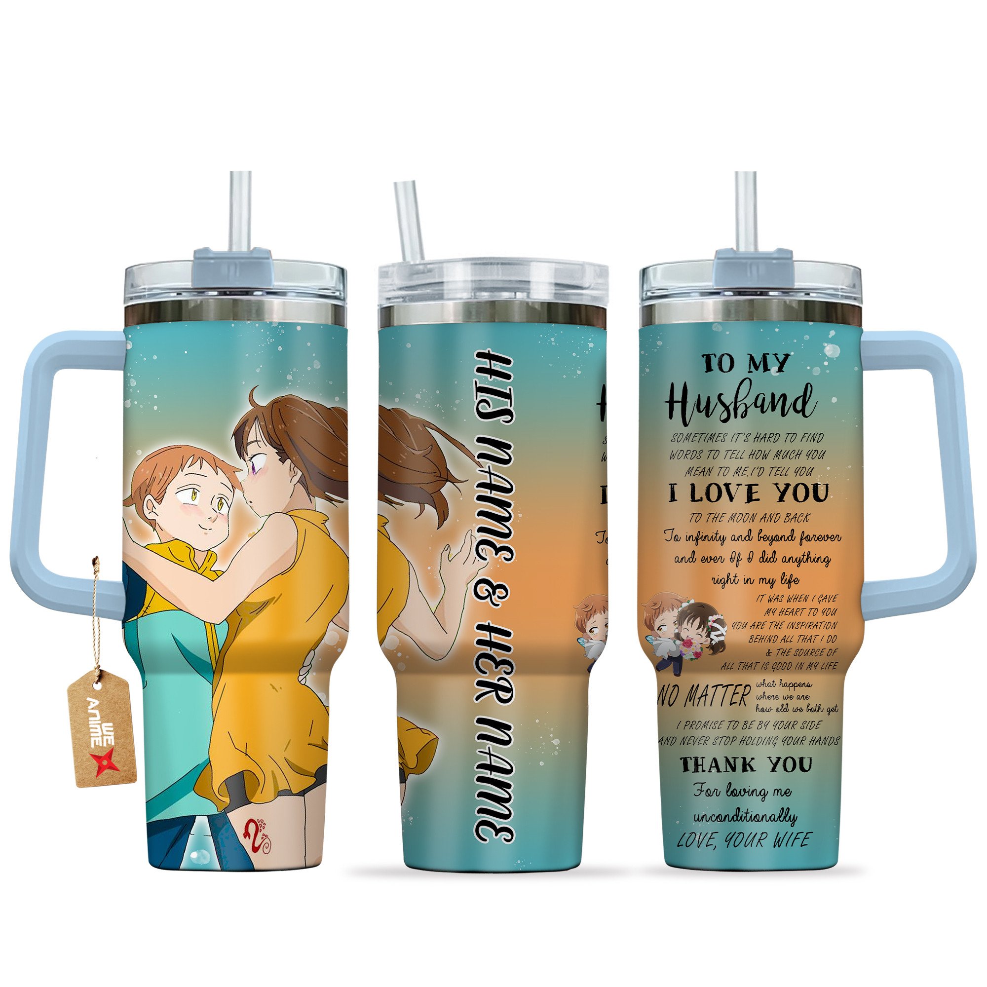 Hydratemerch King & Diane The Seven Deadly Sins Anime Valentine Custom Stanley Quencher 40oz Stainless Steel Tumbler With Handle