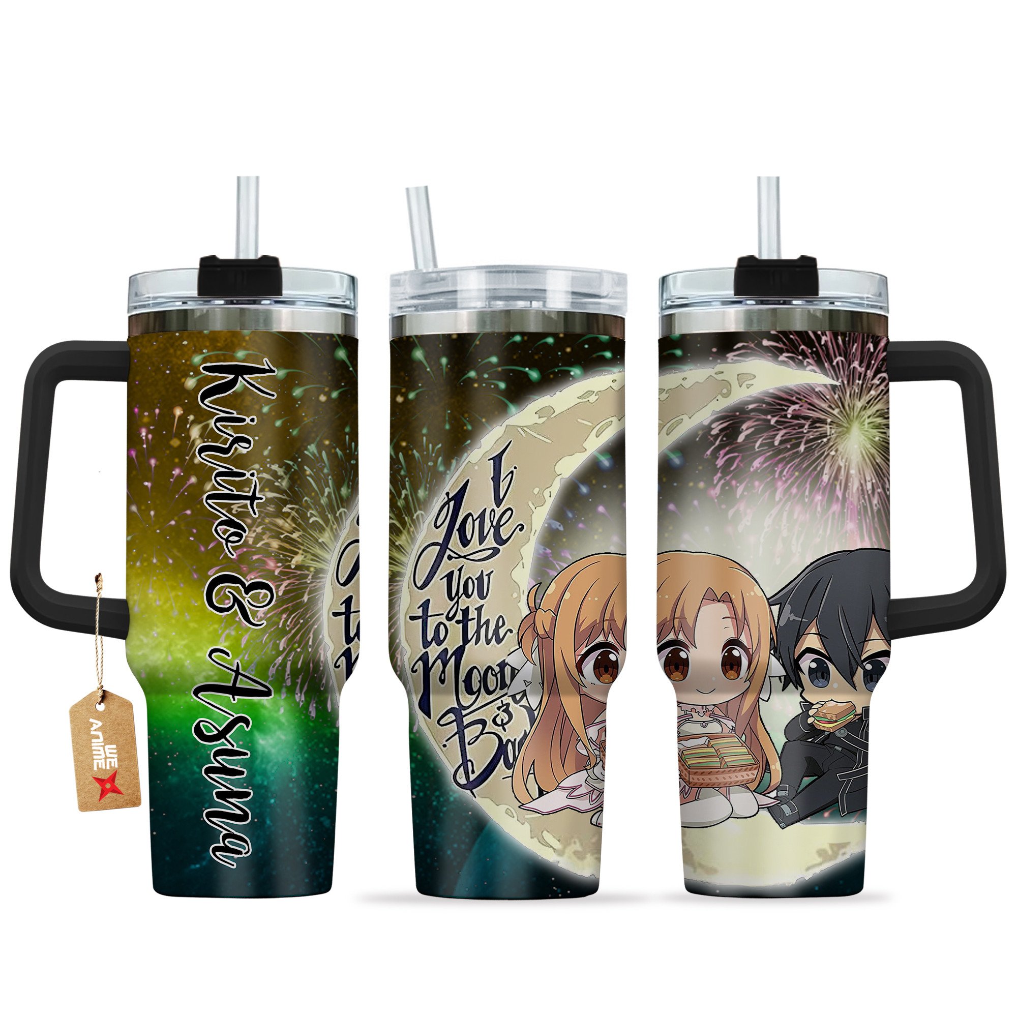 Hydratemerch Kirito & Yuuki Asuna Sword Art Online Anime Valentine Custom Stanley Quencher 40oz Stainless Steel Tumbler With Handle
