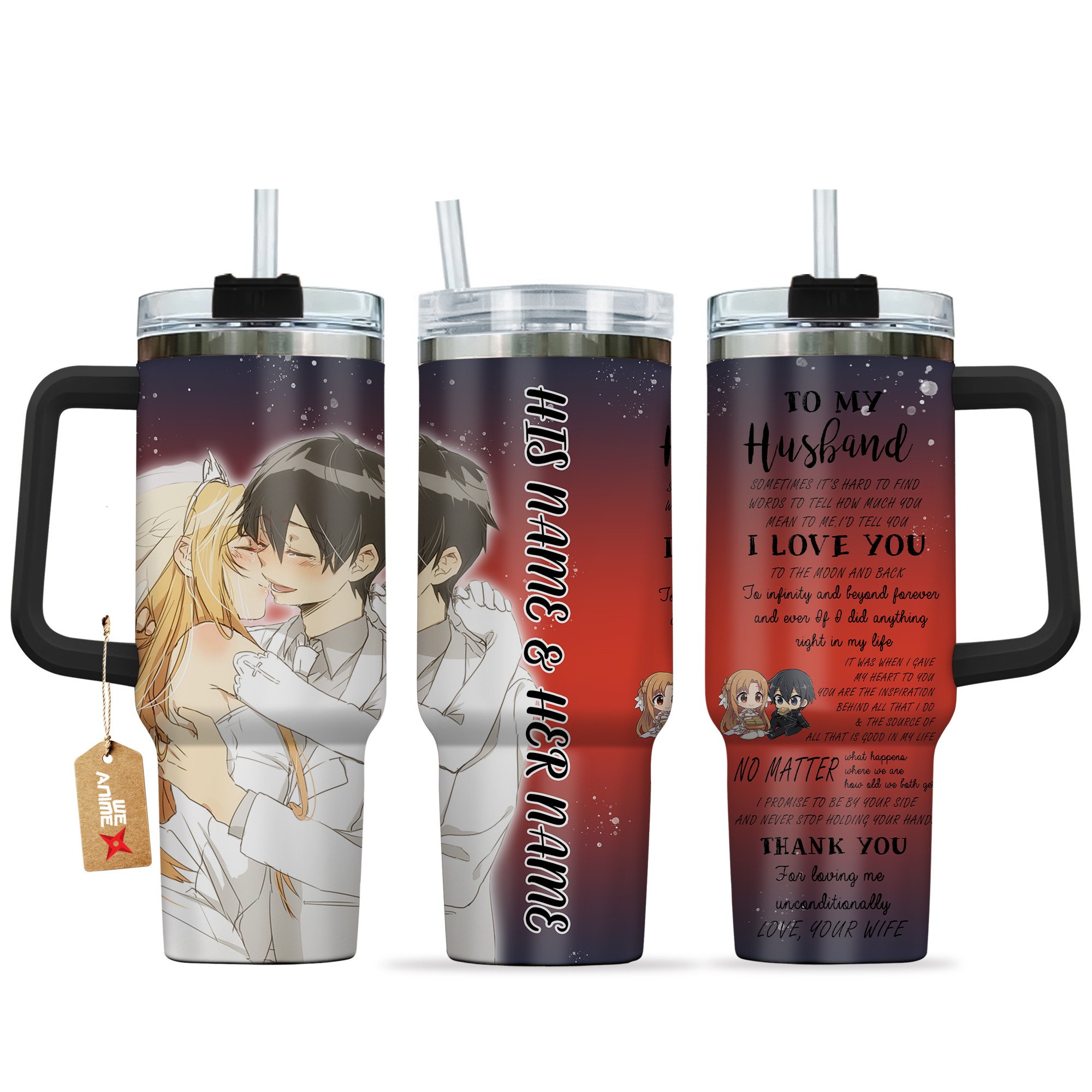 Hydratemerch Kirito & Yuuki Asuna Sword Art Online Anime Valentine Custom Stanley Quencher 40oz Stainless Steel Tumbler With Handle