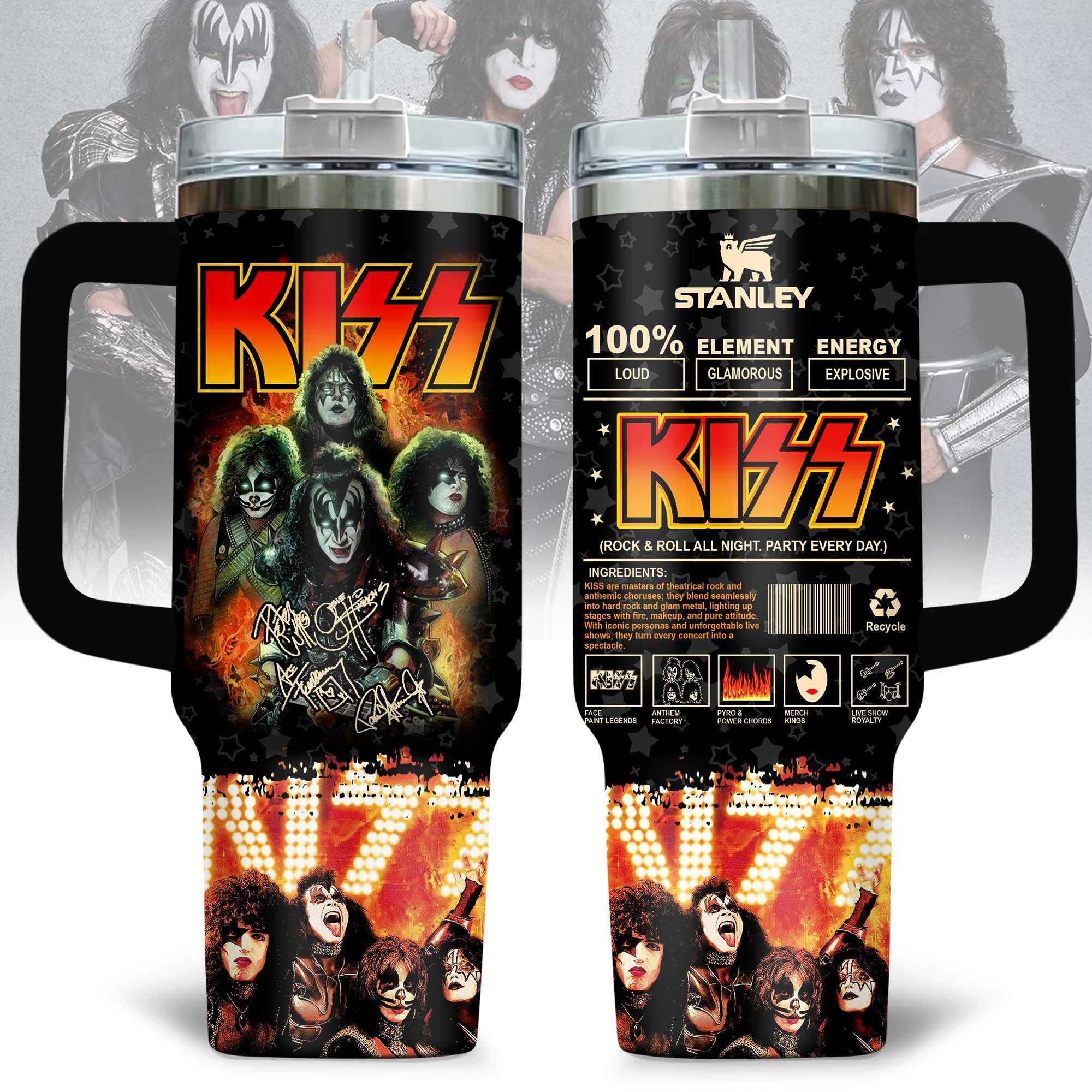 Hydratemerch Kiss Music Custom Stanley Quencher 40oz Stainless Steel Tumbler With Handle