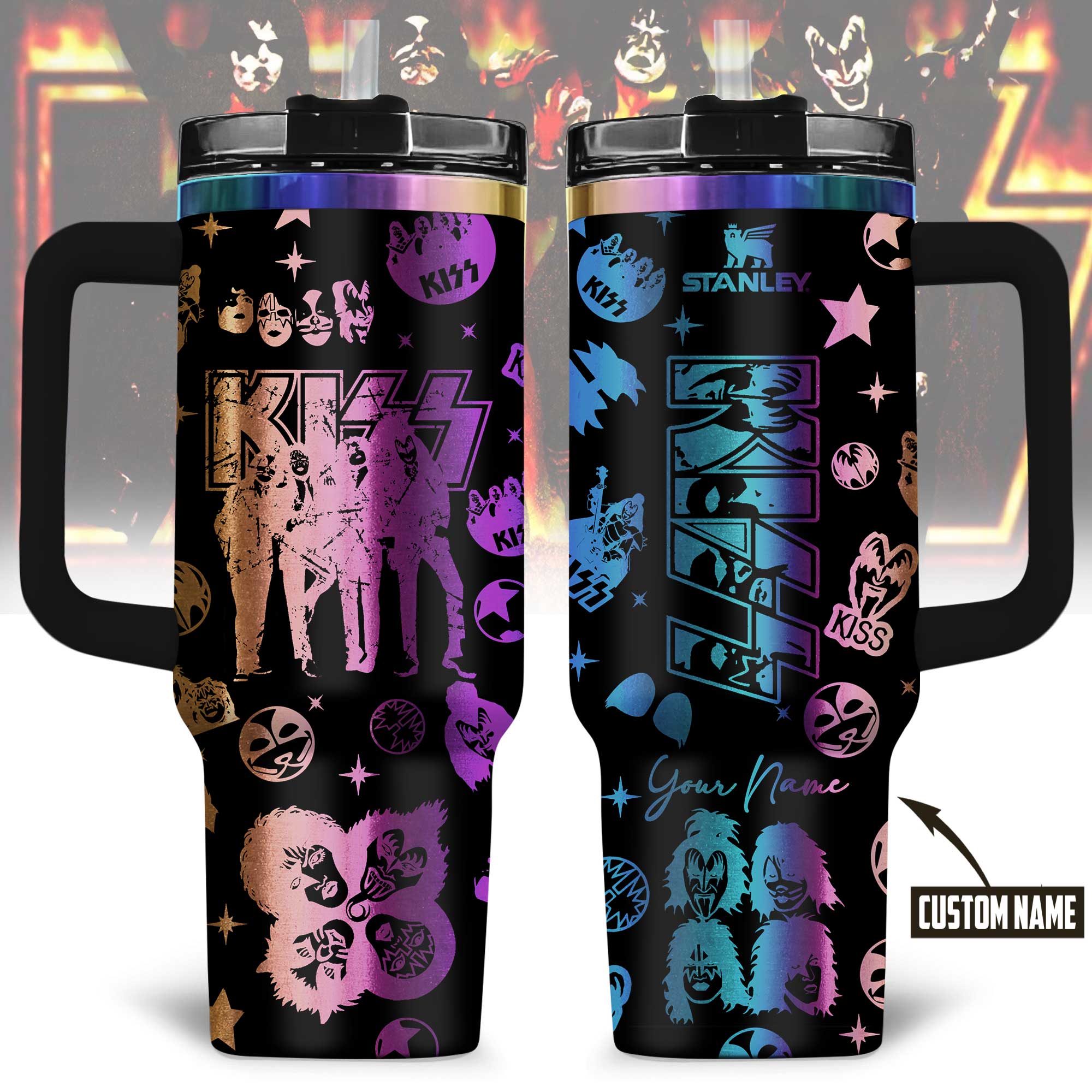 Hydratemerch Kiss Music Custom Stanley Quencher 40oz Stainless Steel Tumbler With Handle