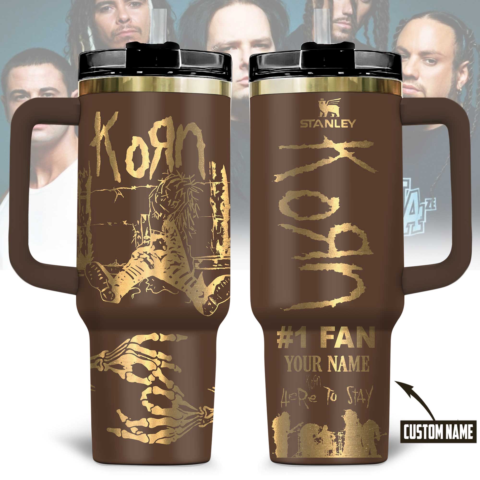 Hydratemerch Korn Music Custom Stanley Quencher 40oz Stainless Steel Tumbler With Handle