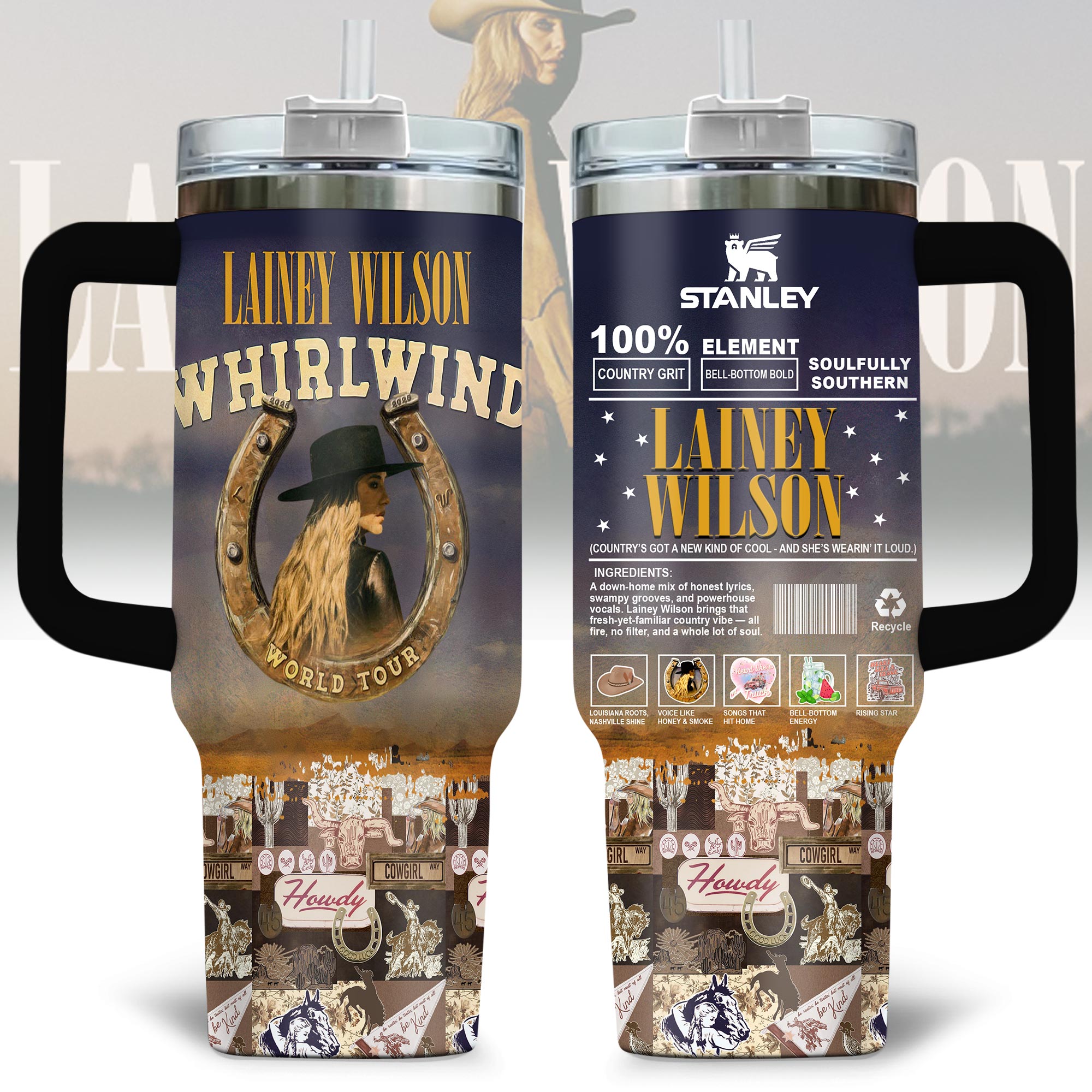 Hydratemerch Lainey Wilson Music Custom Stanley Quencher 40oz Stainless Steel Tumbler With Handle