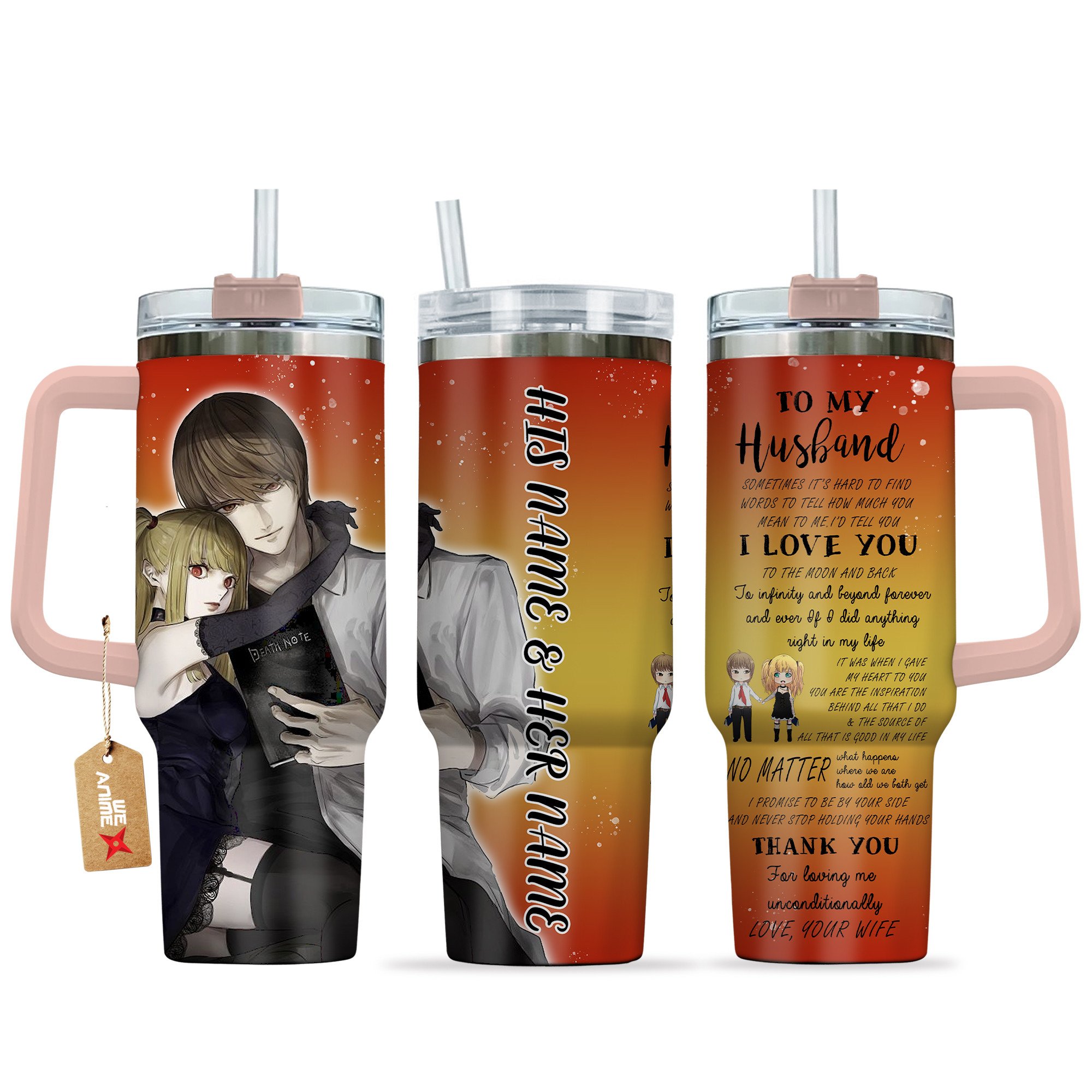 Hydratemerch Light & Misa Death Note Anime Valentine Custom Stanley Quencher 40oz Stainless Steel Tumbler With Handle