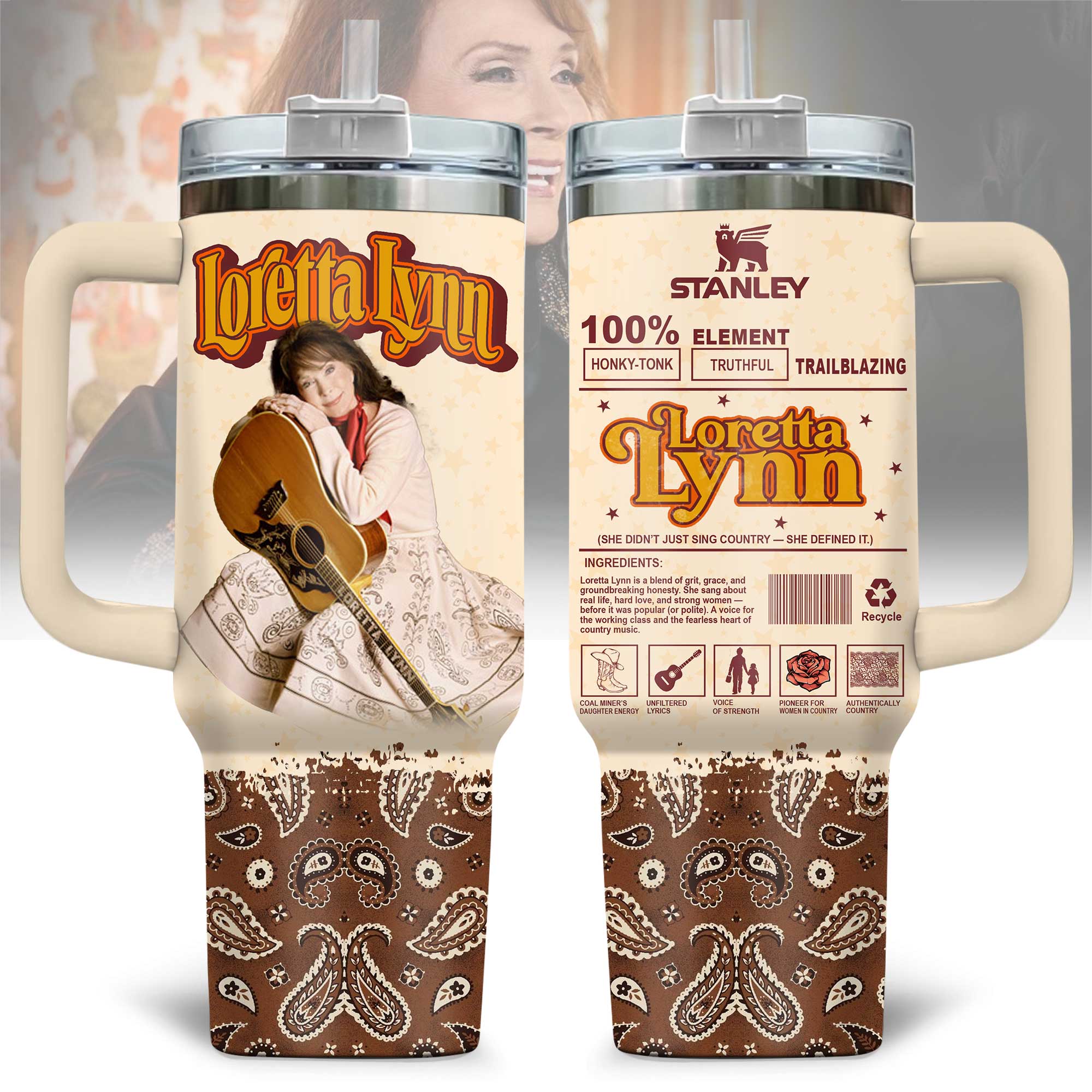 Hydratemerch Loretta Lynn Music Custom Stanley Quencher 40oz Stainless Steel Tumbler With Handle