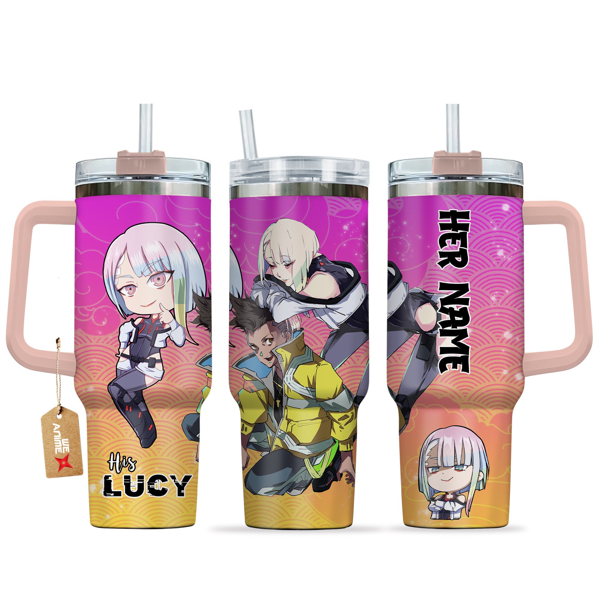 Hydratemerch Lucyna Kushinada Cyberpunk Anime Valentine Custom Stanley Quencher 40oz Stainless Steel Tumbler With Handle