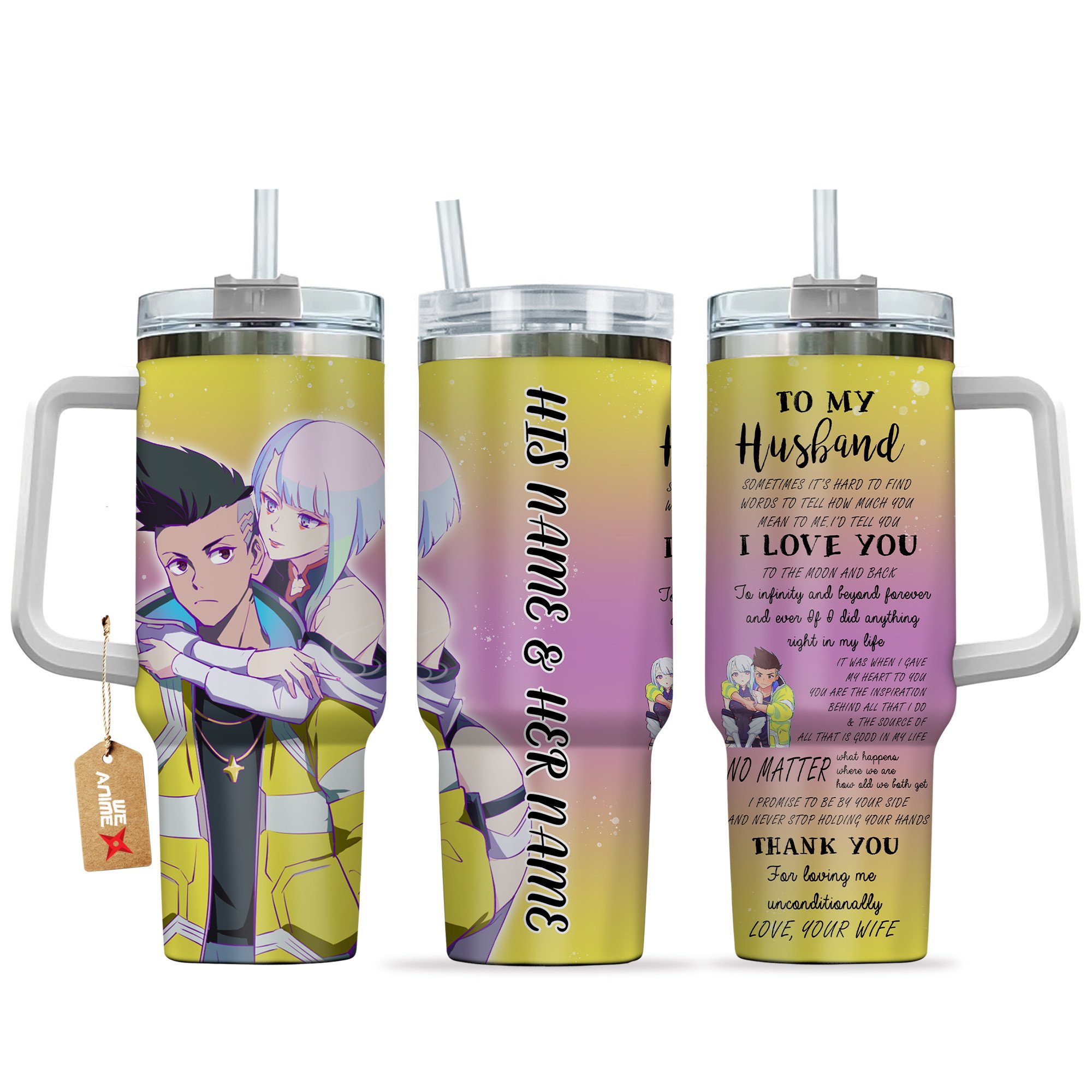Hydratemerch Lucyna Kushinada & David Martinez Cyberpunk Anime Valentine Custom Stanley Quencher 40oz Stainless Steel Tumbler With Handle