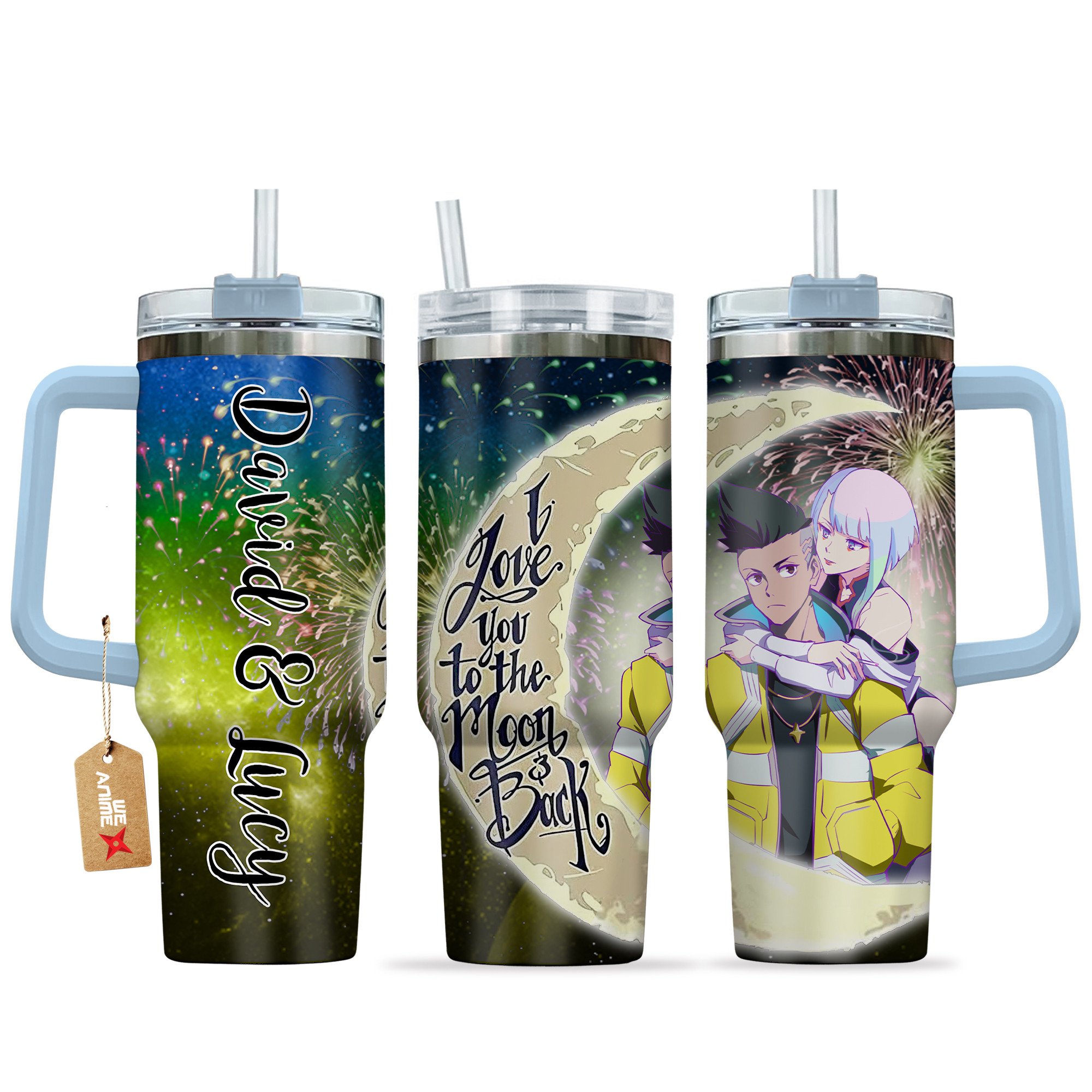 Hydratemerch Lucyna Kushinada & David Martinez Cyberpunk Anime Valentine Custom Stanley Quencher 40oz Stainless Steel Tumbler With Handle