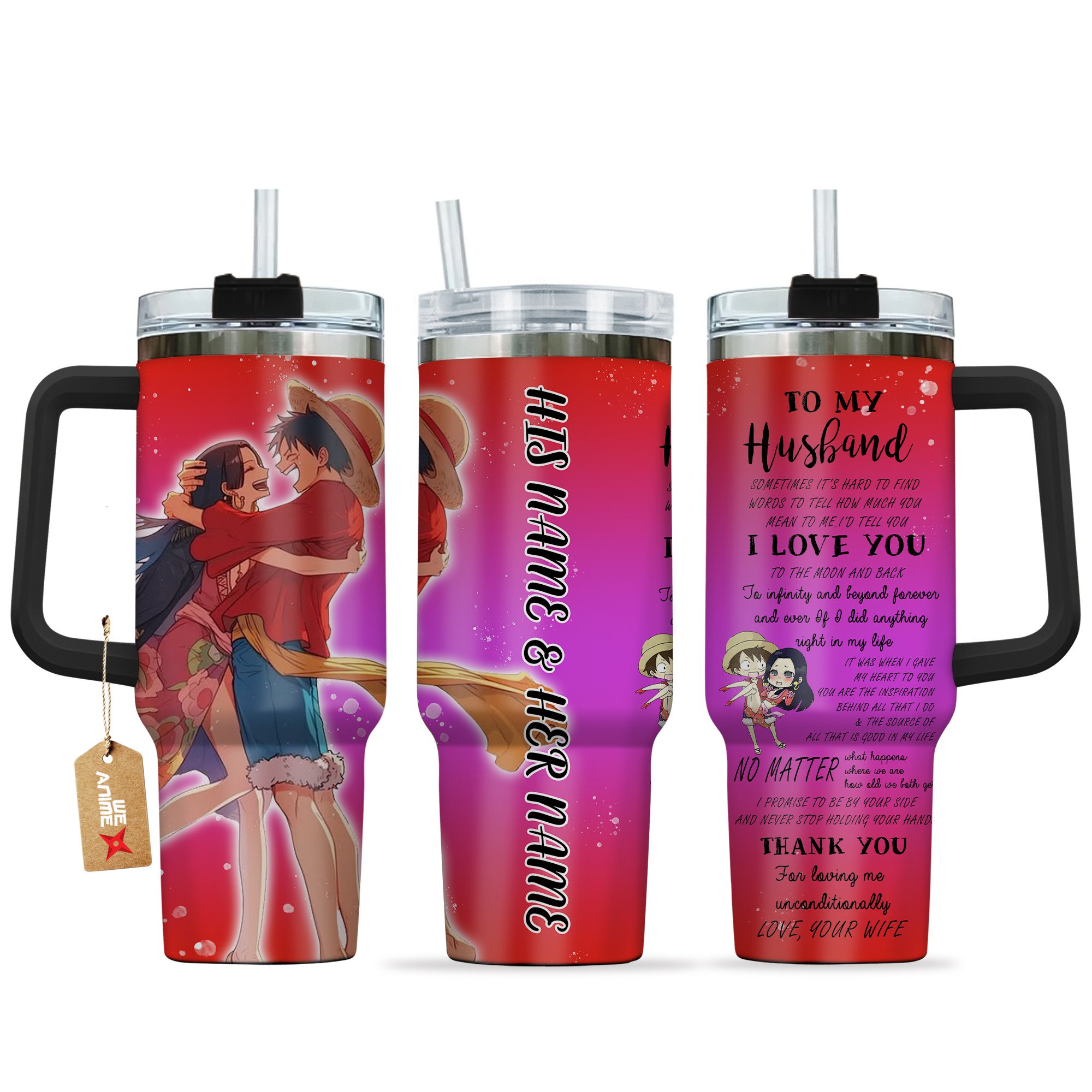 Hydratemerch Luffy & Boa One Piece Anime Valentine Custom Stanley Quencher 40oz Stainless Steel Tumbler With Handle