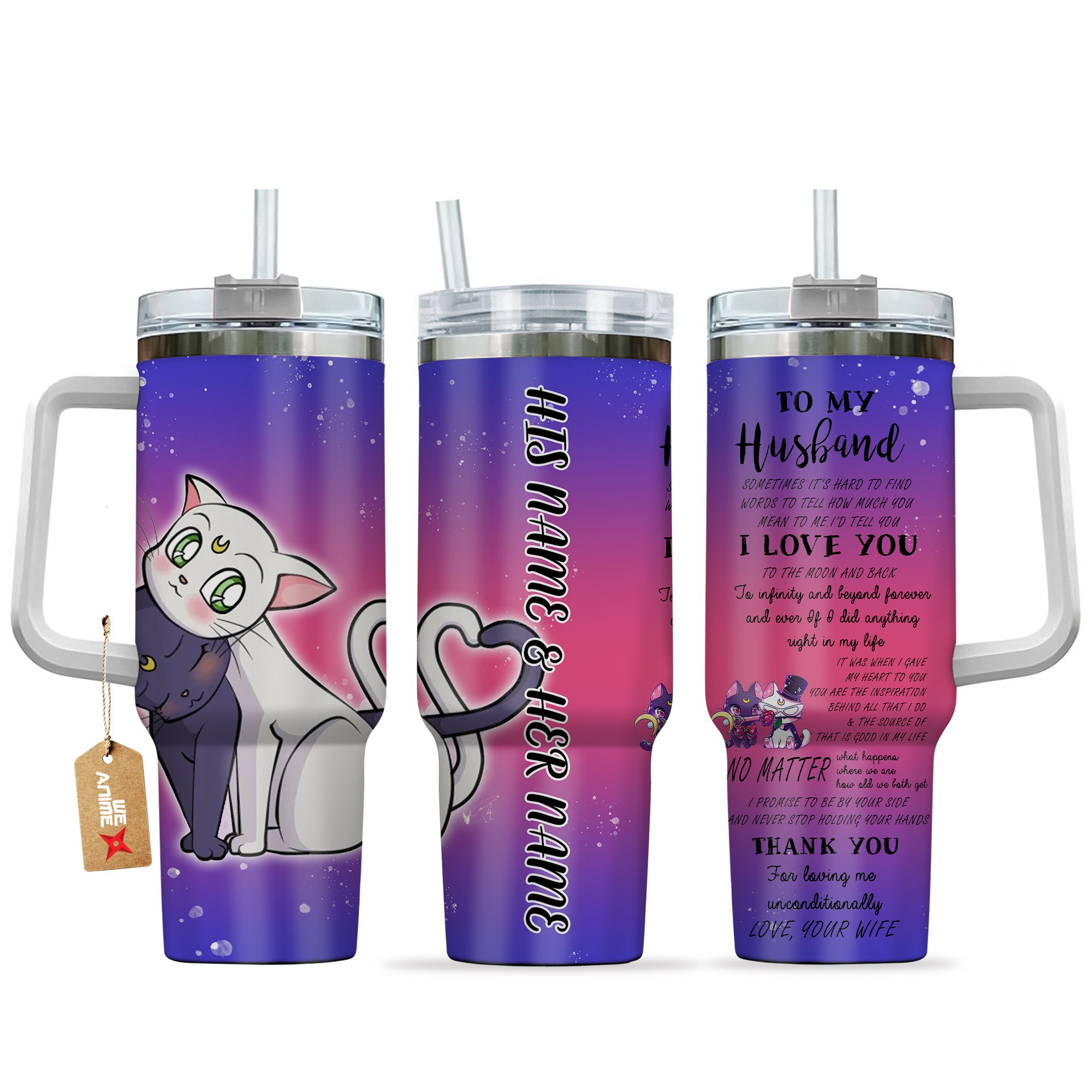 Hydratemerch Luna & Artemis Sailor Moon Anime Valentine Custom Stanley Quencher 40oz Stainless Steel Tumbler With Handle