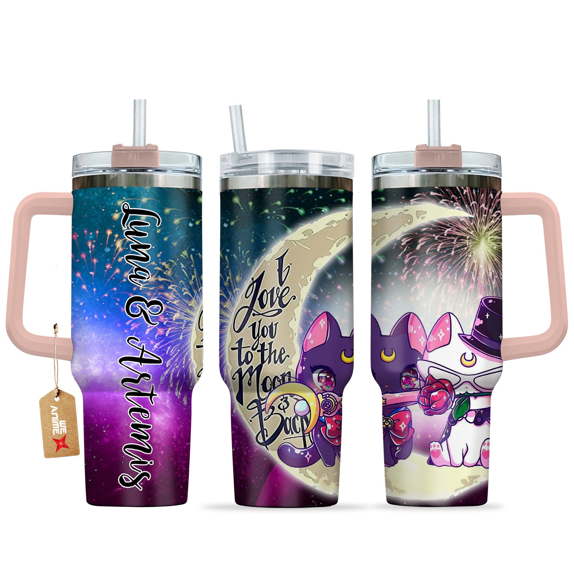 Hydratemerch Luna & Artermis Sailor Moon Anime Valentine Custom Stanley Quencher 40oz Stainless Steel Tumbler With Handle