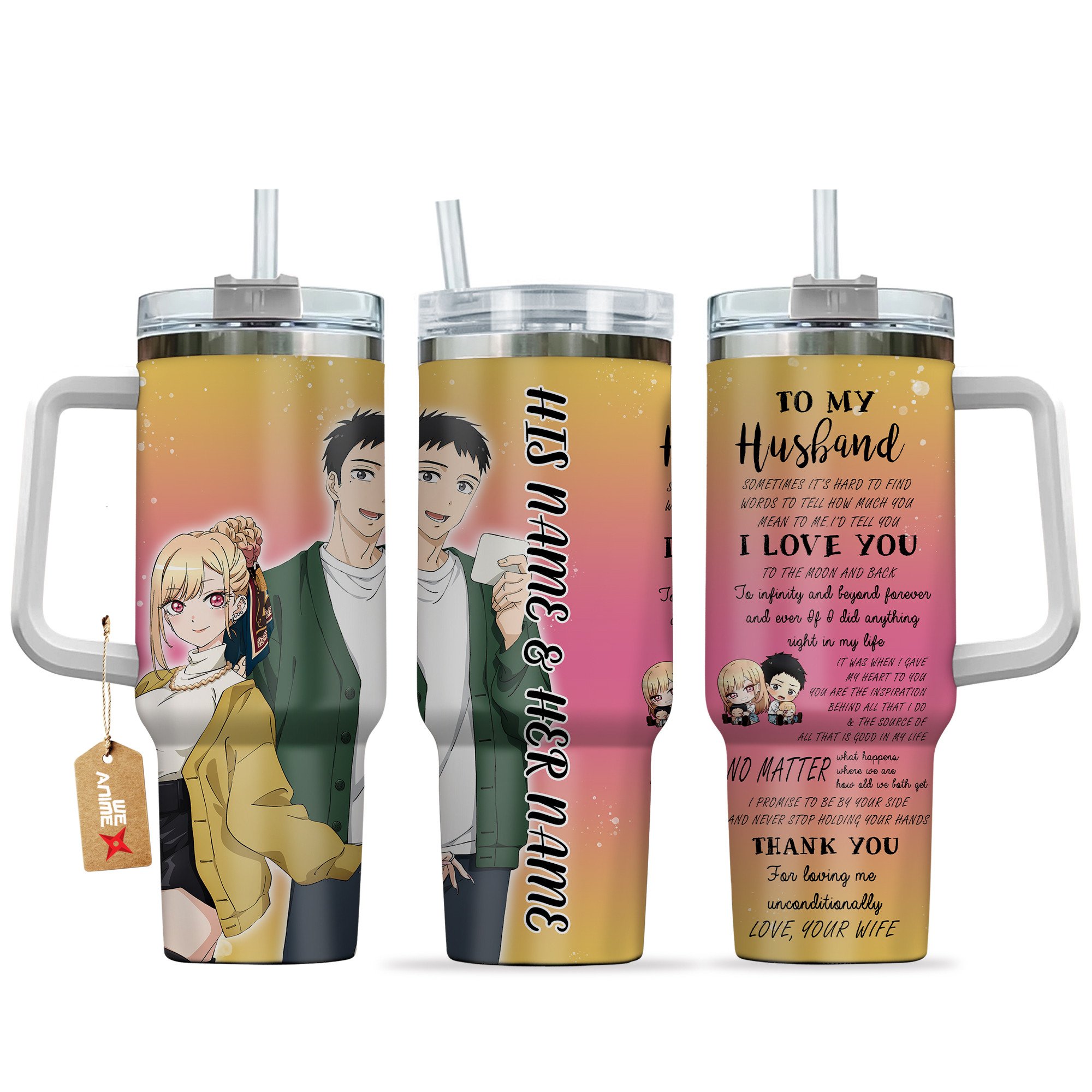 Hydratemerch Marin Kitagawa & Gojou Wakana My Dress-Up Darling Anime Valentine Custom Stanley Quencher 40oz Stainless Steel Tumbler With Handle