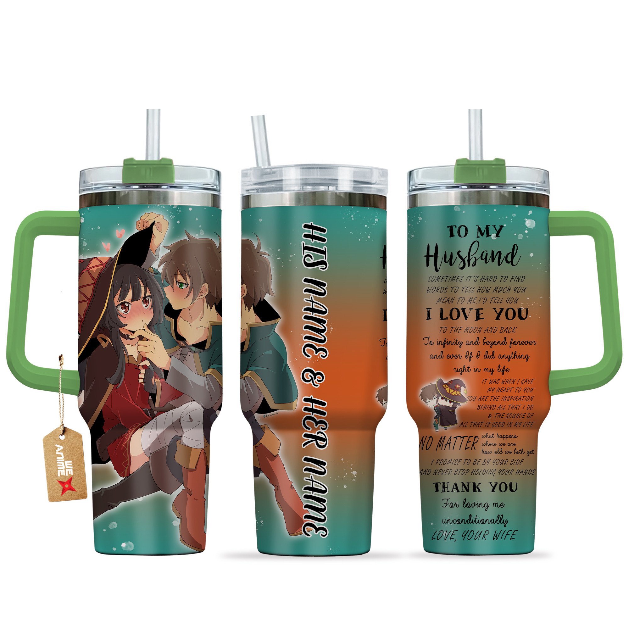 Hydratemerch Megumin & Kazuma Konosuba Anime Valentine Custom Stanley Quencher 40oz Stainless Steel Tumbler With Handle