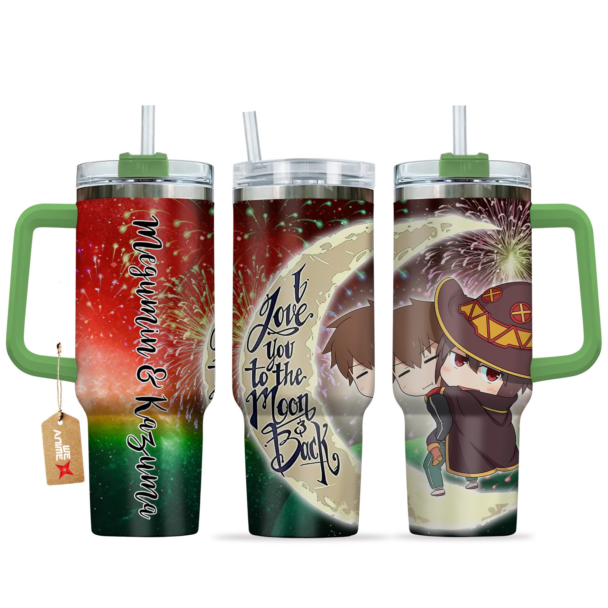 Hydratemerch Megumin & Kazuma Konosuba Anime Valentine Custom Stanley Quencher 40oz Stainless Steel Tumbler With Handle