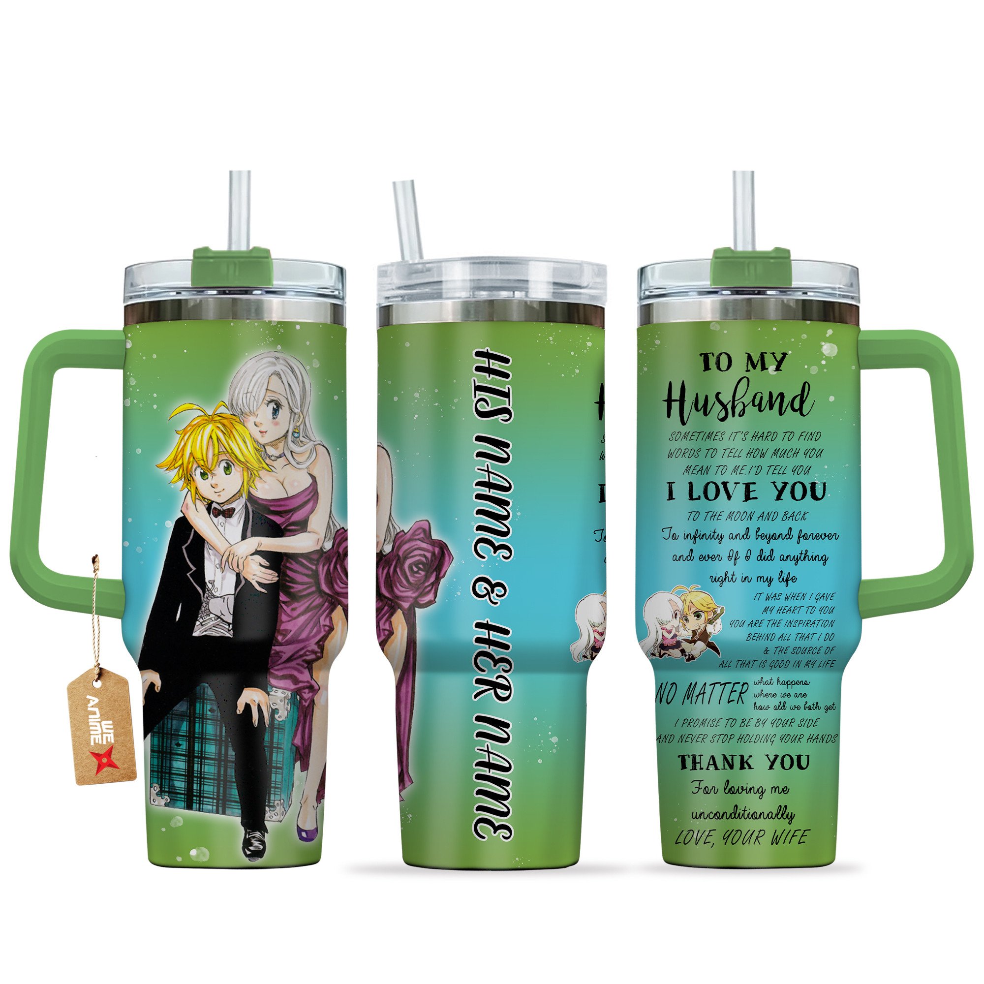 Hydratemerch Meliodas & Elizabeth The Seven Deadly Sins Anime Valentine Custom Stanley Quencher 40oz Stainless Steel Tumbler With Handle