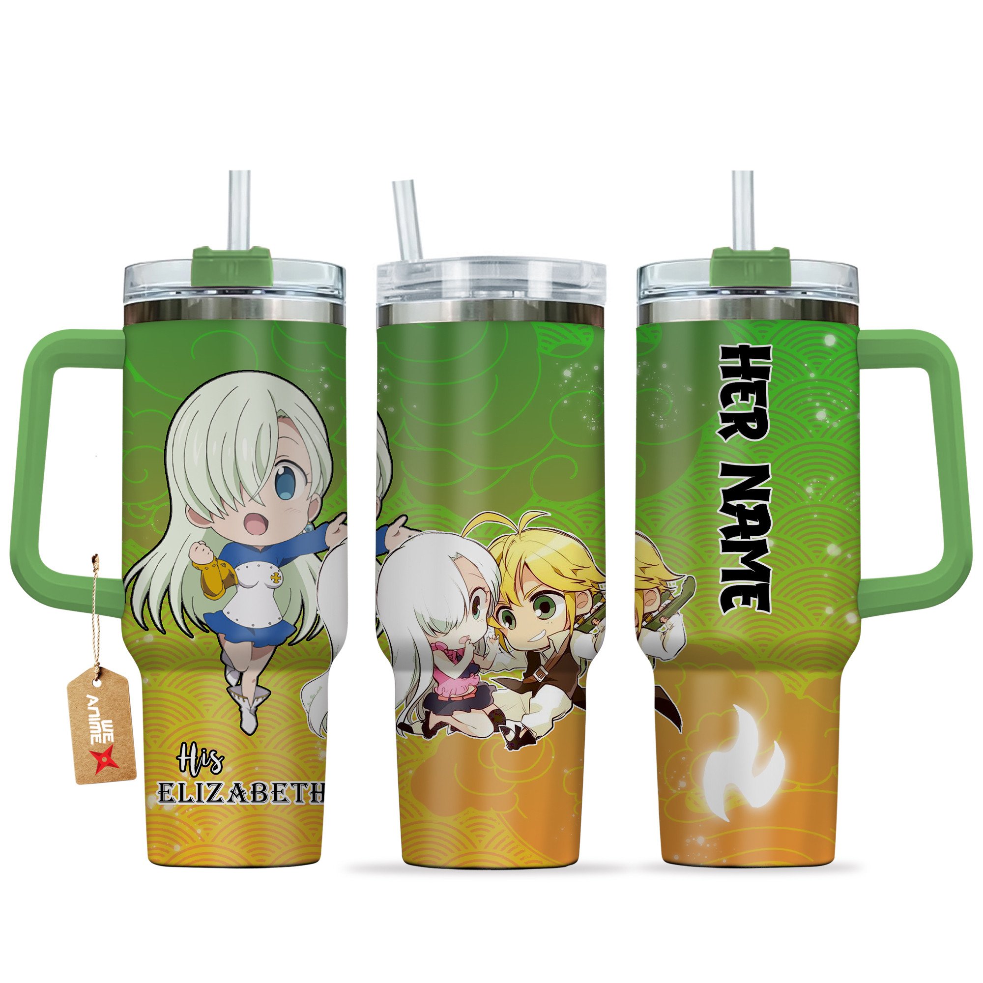 Hydratemerch Meliodas & Elizabeth The Seven Deadly Sins Anime Valentine Custom Stanley Quencher 40oz Stainless Steel Tumbler With Handle