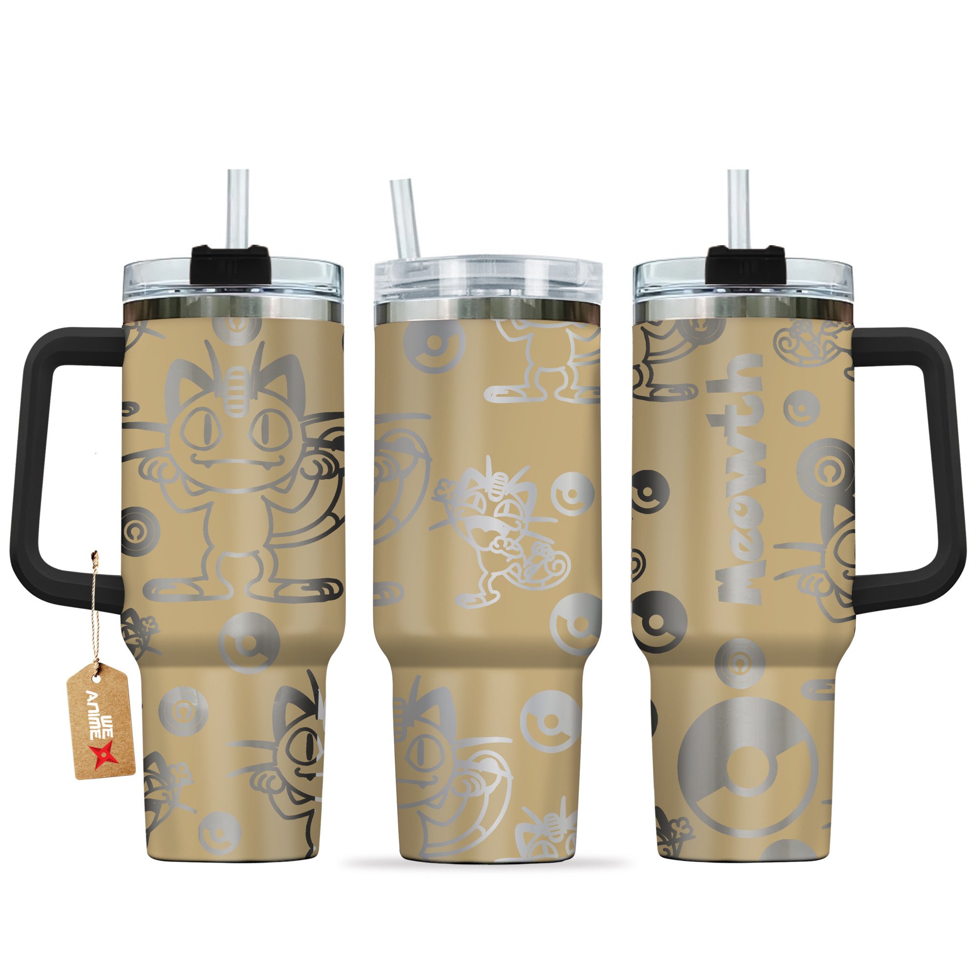 Hydratemerch Meowth Pokemon Anime Custom Stanley Quencher 40oz Stainless Steel Tumbler With Handle