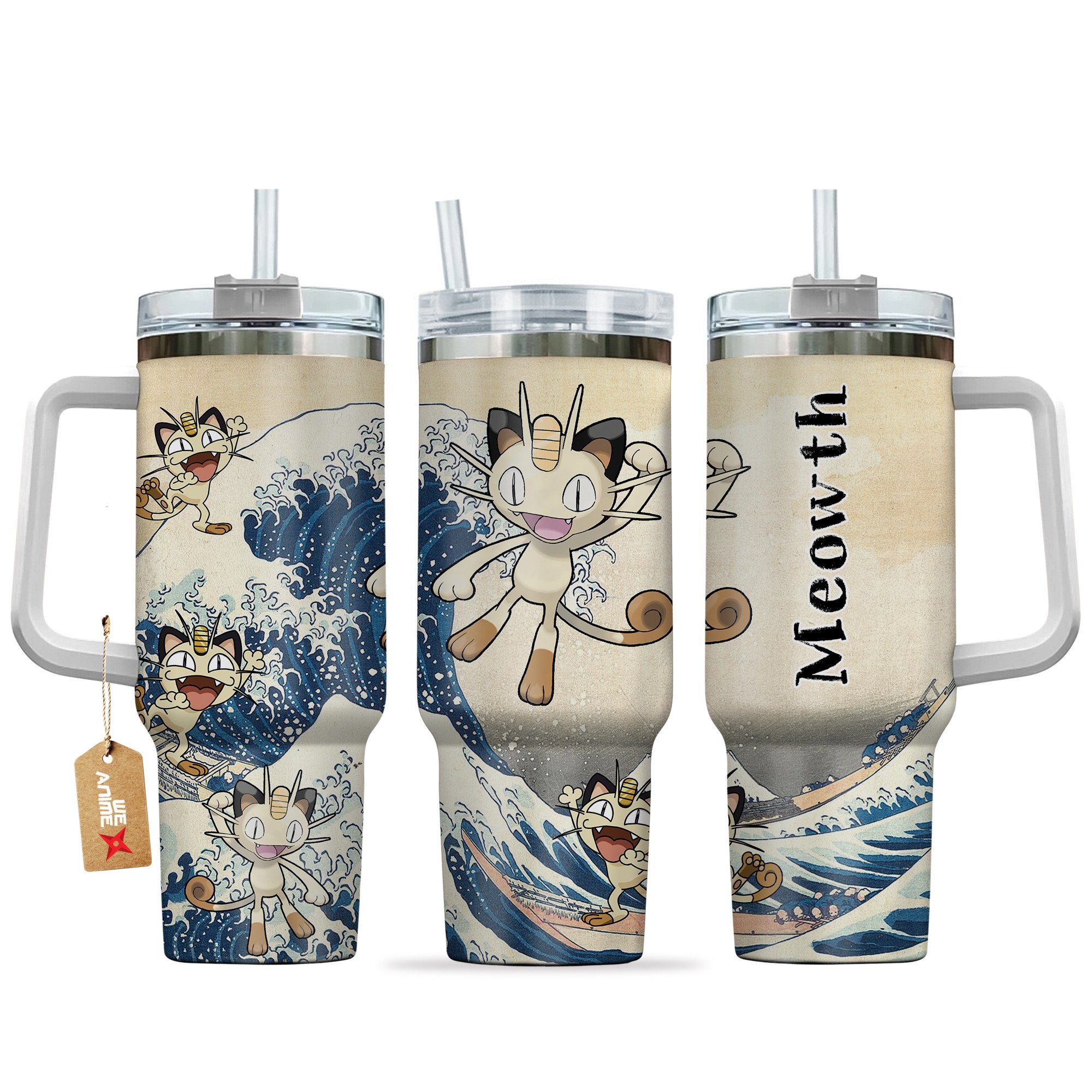 Hydratemerch Meowth Pokemon Anime Custom Stanley Quencher 40oz Stainless Steel Tumbler With Handle