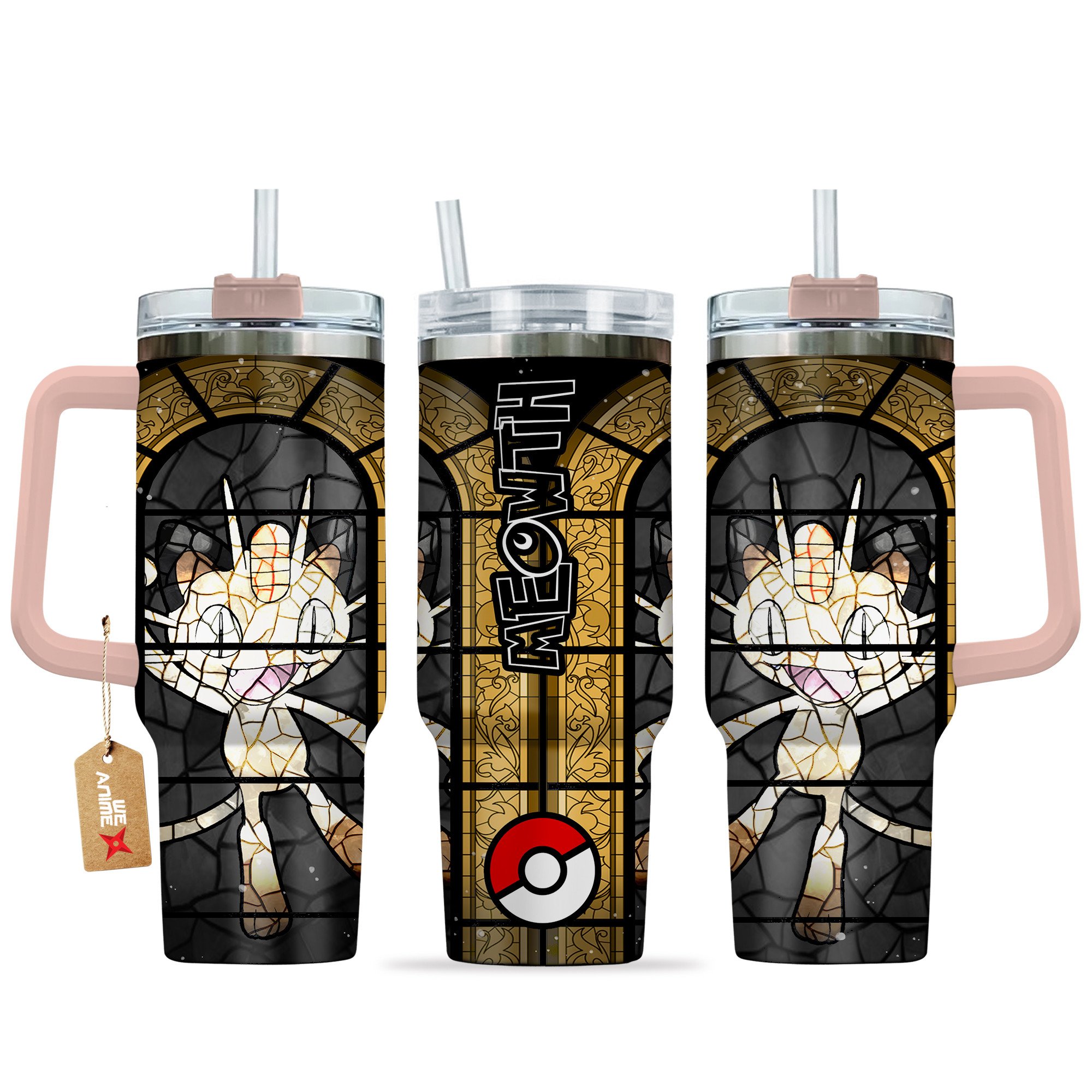 Hydratemerch Meowth Pokemon Anime Custom Stanley Quencher 40oz Stainless Steel Tumbler With Handle