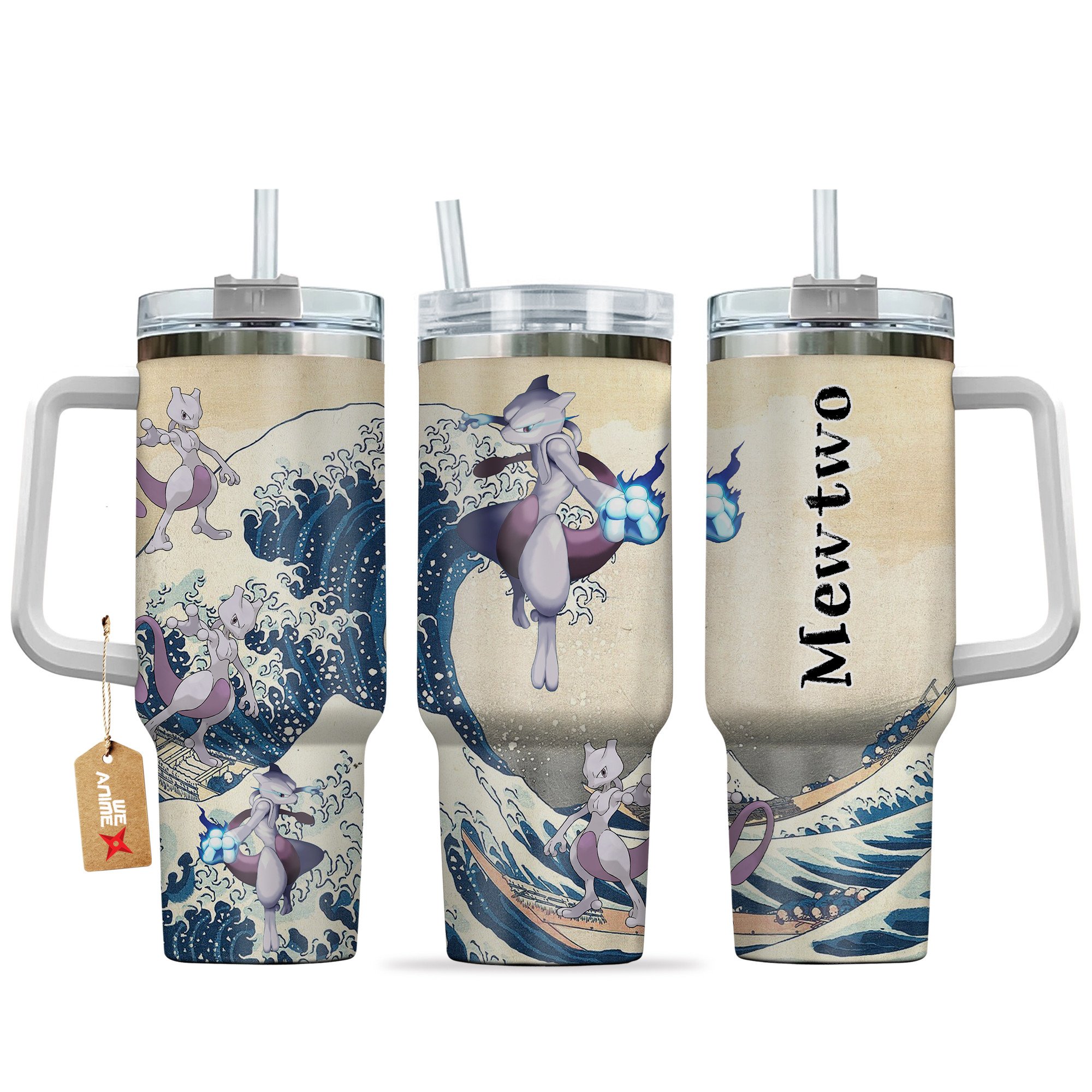 Hydratemerch Mewtwo Pokemon Anime Custom Stanley Quencher 40oz Stainless Steel Tumbler With Handle