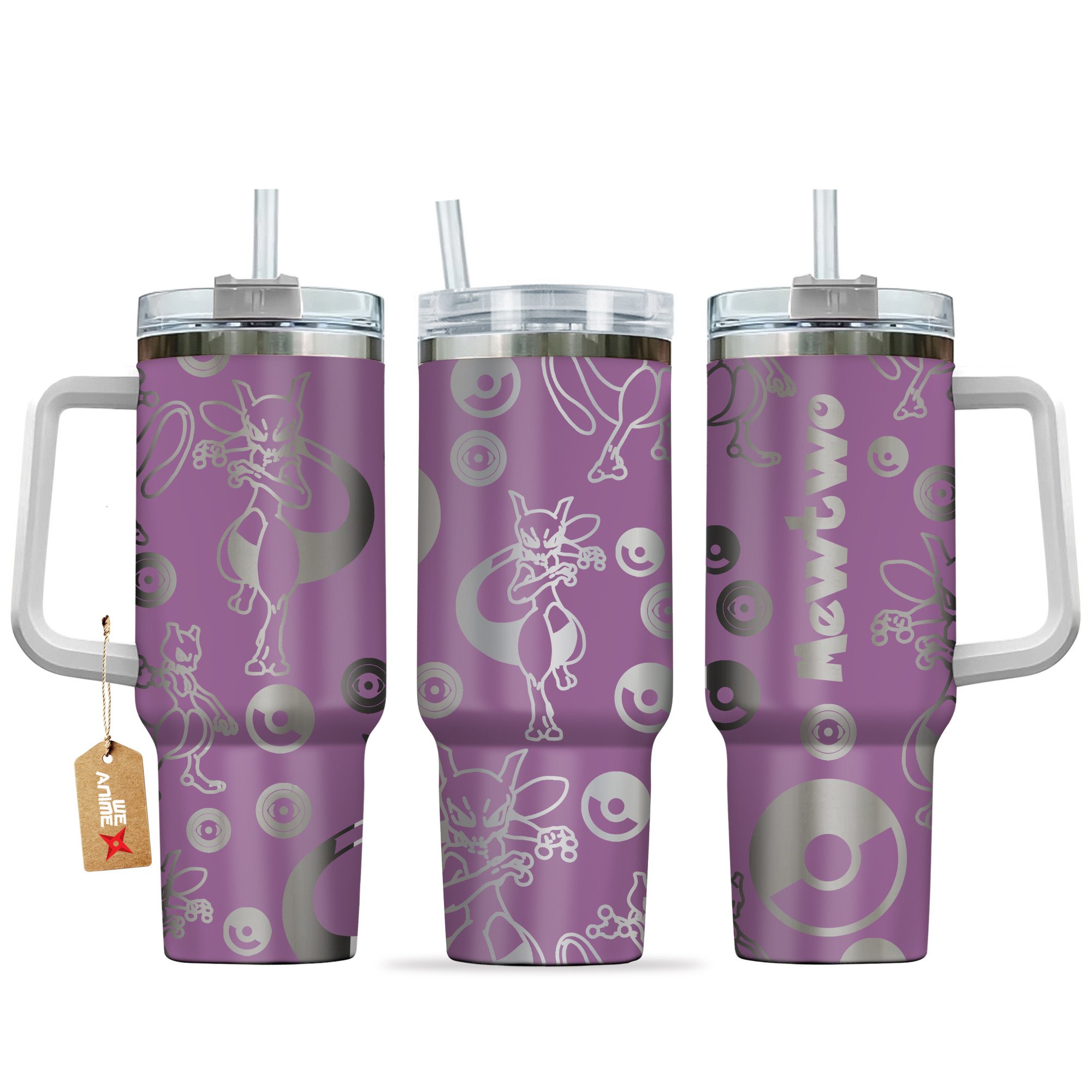 Hydratemerch Mewtwo Pokemon Anime Custom Stanley Quencher 40oz Stainless Steel Tumbler With Handle