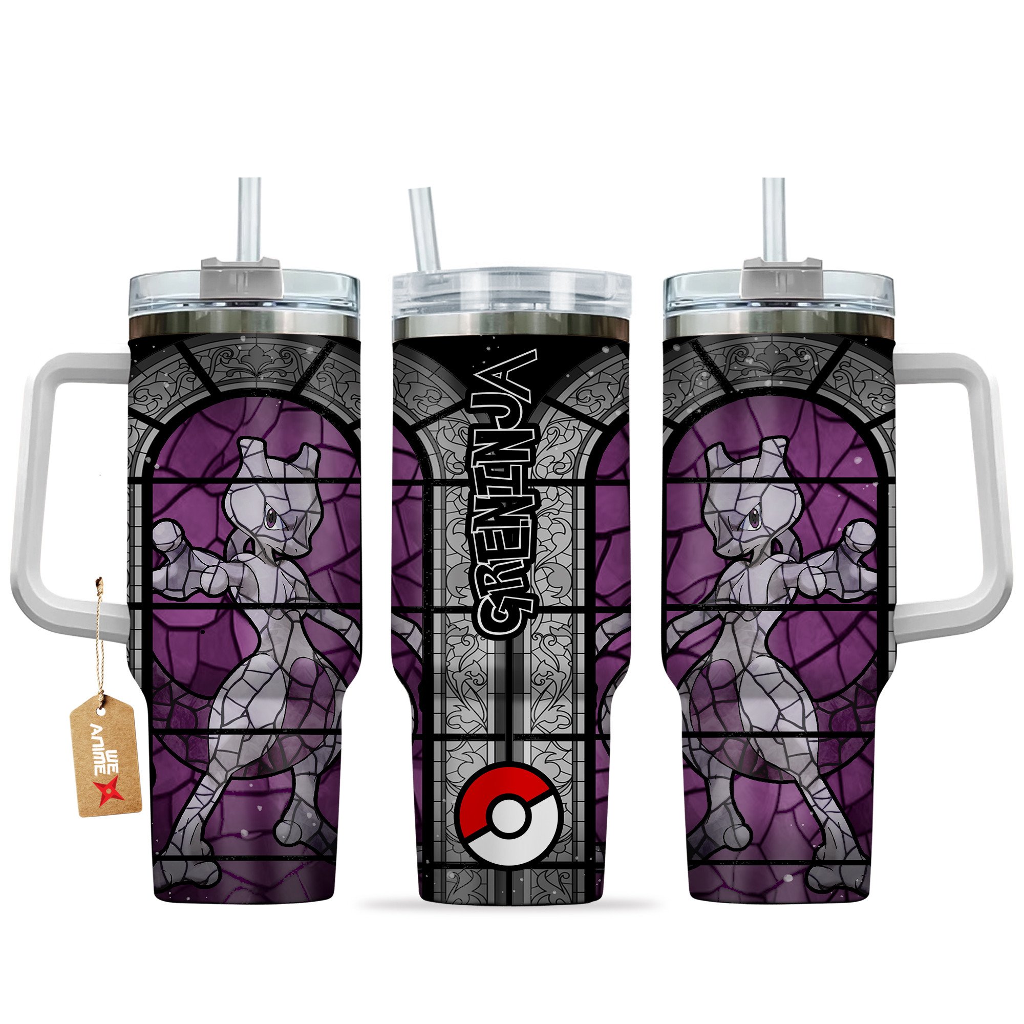 Hydratemerch Mewtwo Pokemon Anime Custom Stanley Quencher 40oz Stainless Steel Tumbler With Handle