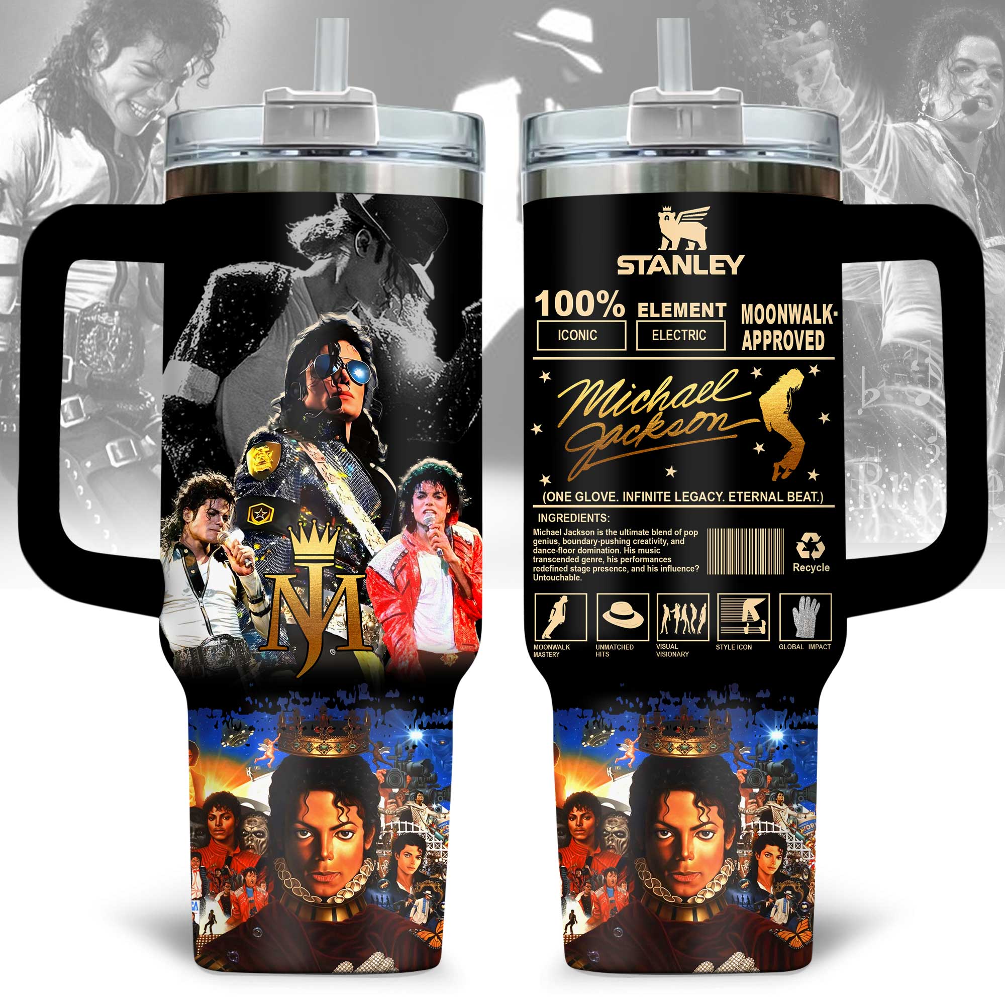 Hydratemerch Michael Jackson Music Custom Stanley Quencher 40oz Stainless Steel Tumbler With Handle