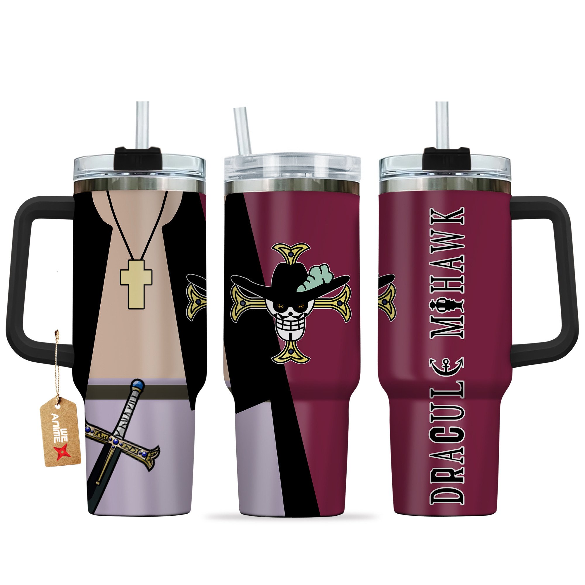 Hydratemerch Mihawk Dracule One Piece Anime Custom Stanley Quencher 40oz Stainless Steel Tumbler With Handle