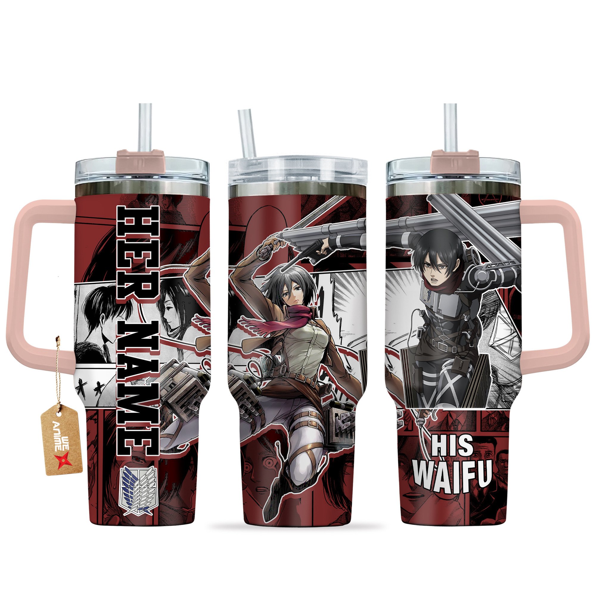 Hydratemerch Mikasa Ackerman Attack on Titan Anime Custom Stanley Quencher 40oz Stainless Steel Tumbler With Handle
