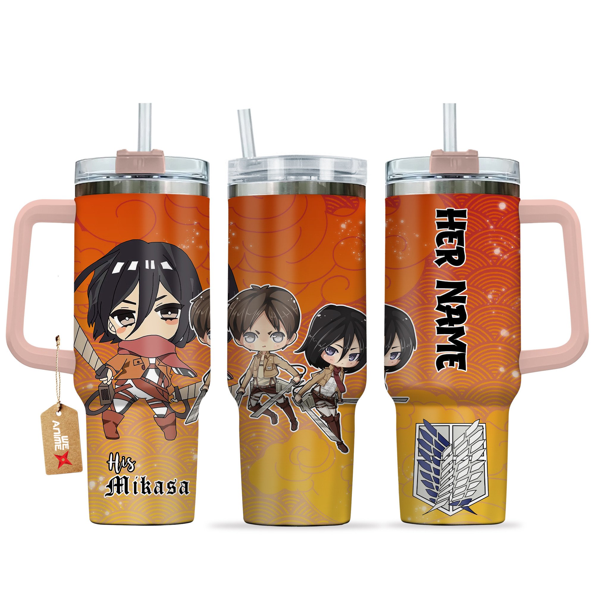 Hydratemerch Mikasa Ackerman Attack on Titan Anime Valentine Custom Stanley Quencher 40oz Stainless Steel Tumbler With Handle