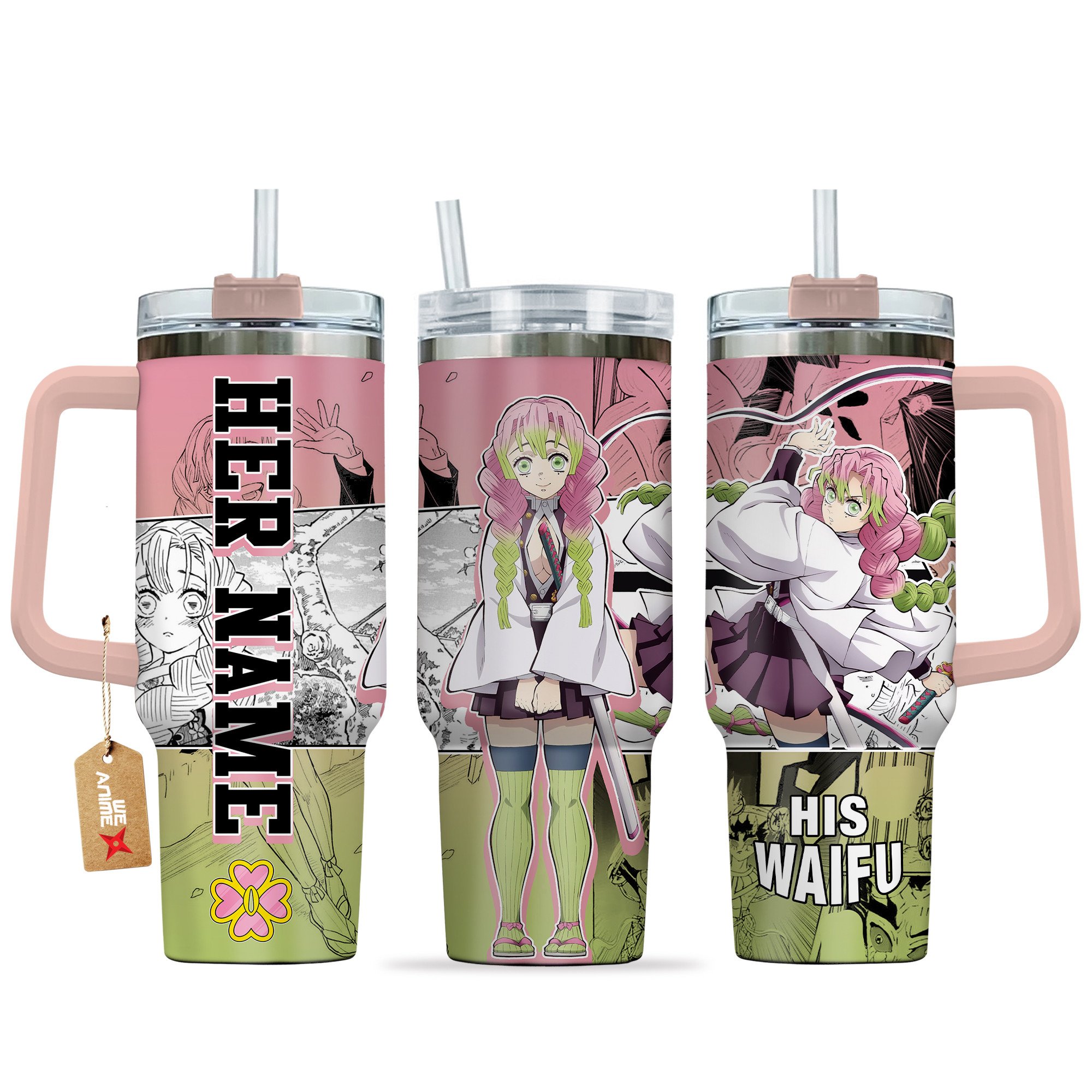 Hydratemerch Mitsuri Kanroji Demon Slayer Anime Custom Stanley Quencher 40oz Stainless Steel Tumbler With Handle